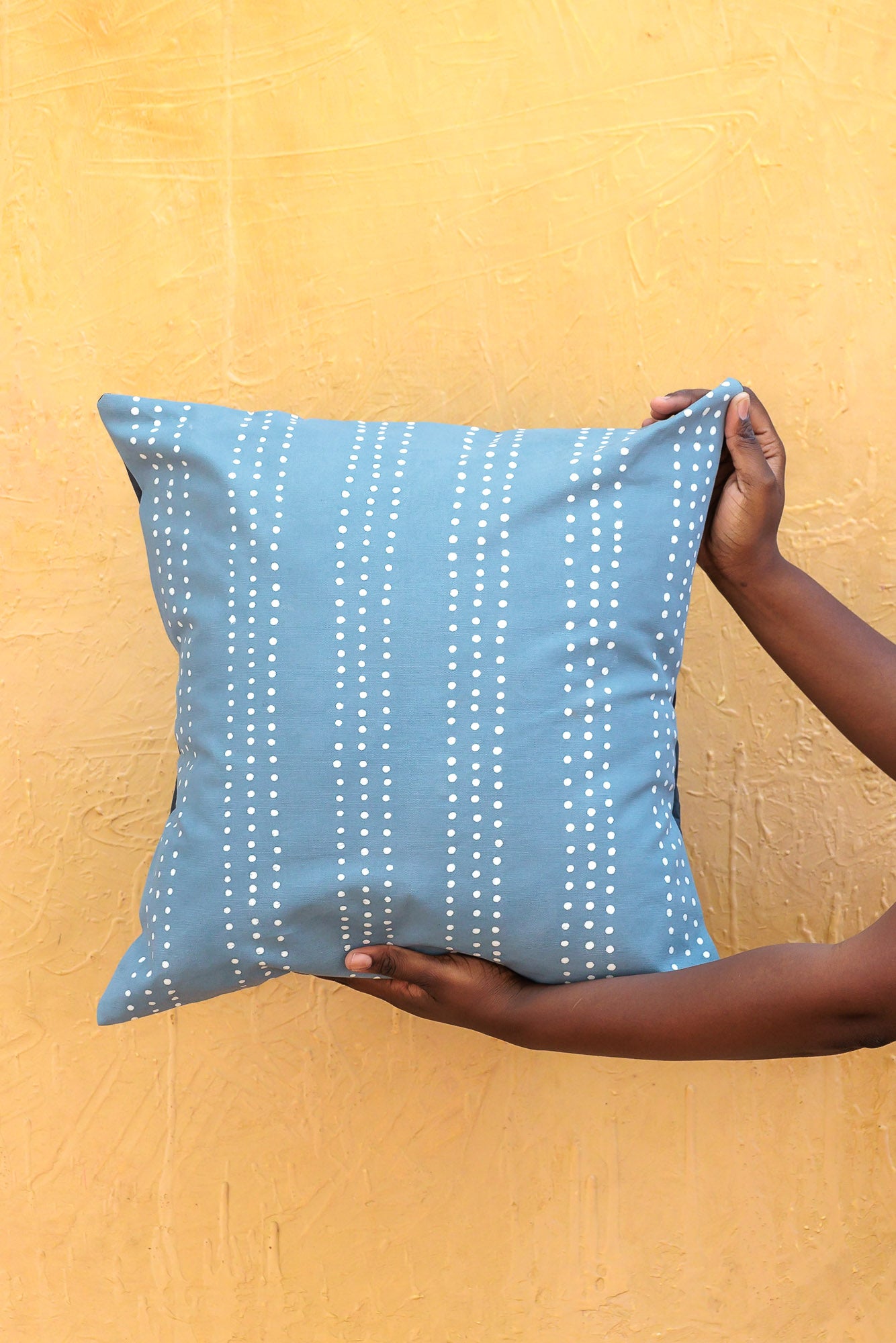Tribal Cloth Indigo Dots Cushion Cover - Hand Painted in a beautiful baby blue.