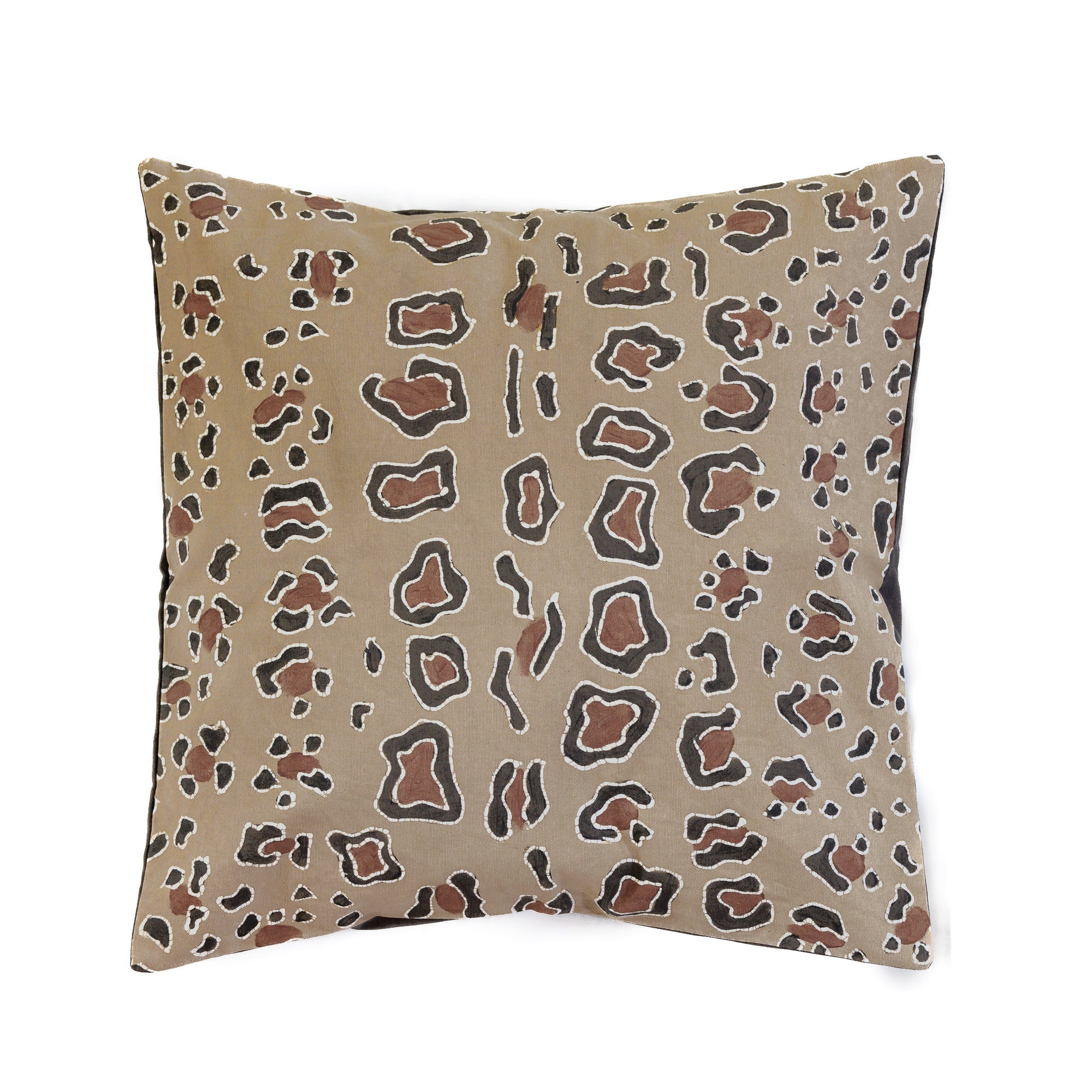 Hand-drawn leopard batik cushion cover, celebrating the beauty of African craftsmanship and wildlife.