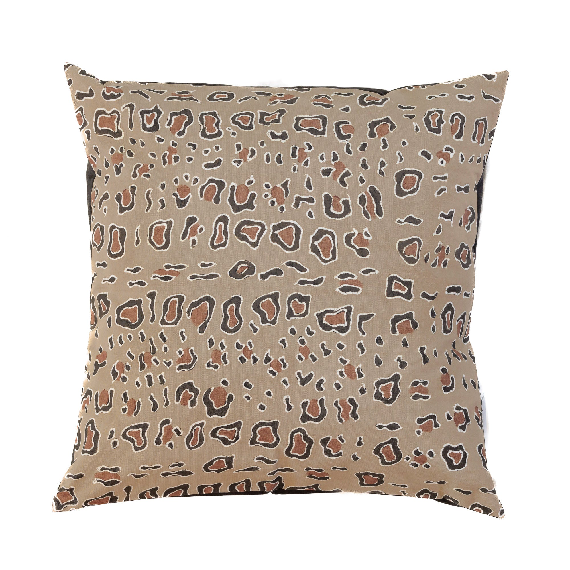 Eco-friendly cushion cover featuring a hand-drawn leopard batik pattern, perfect for sustainable living.
