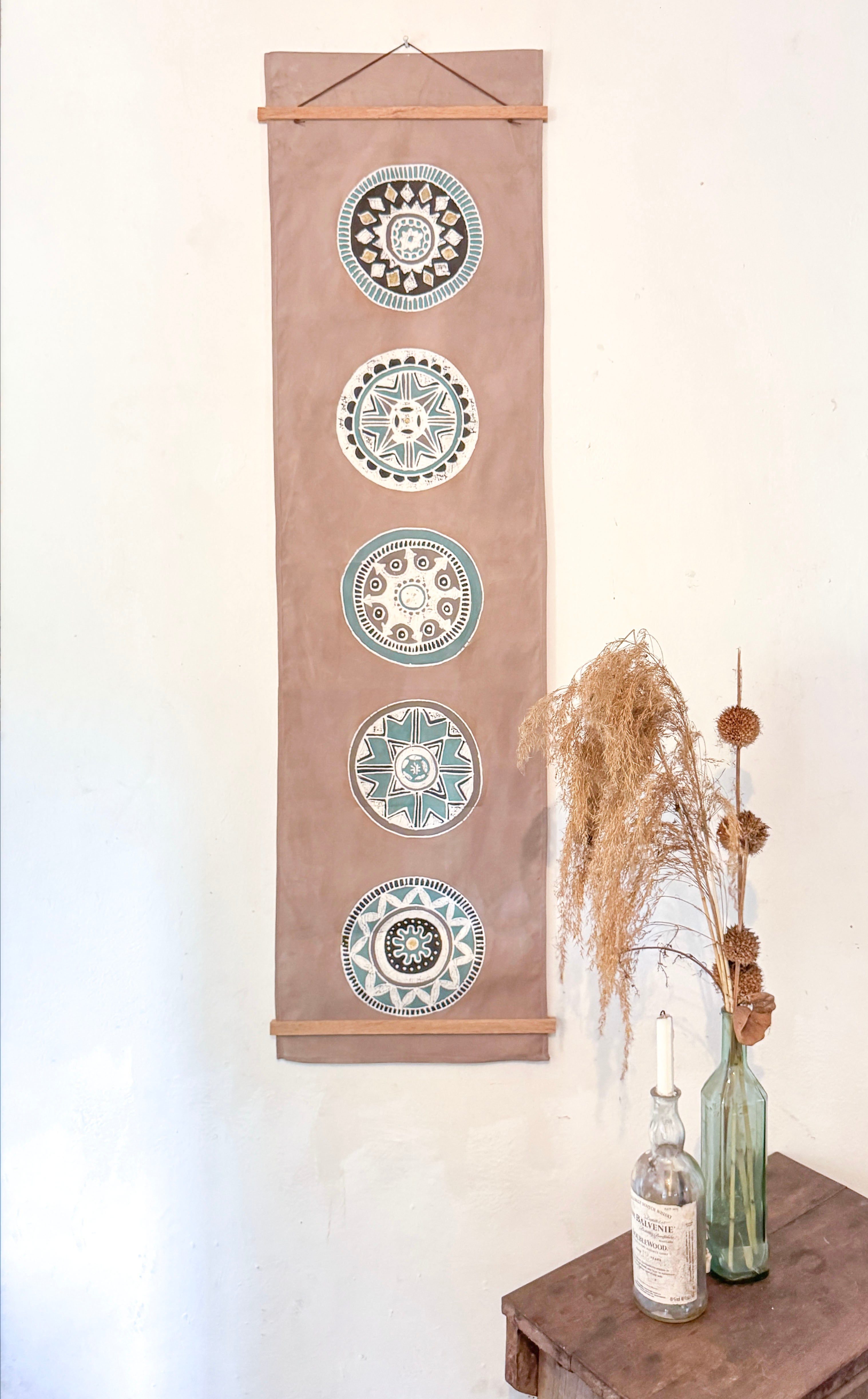 African Circles Teal Collection Wall Hanging Beige