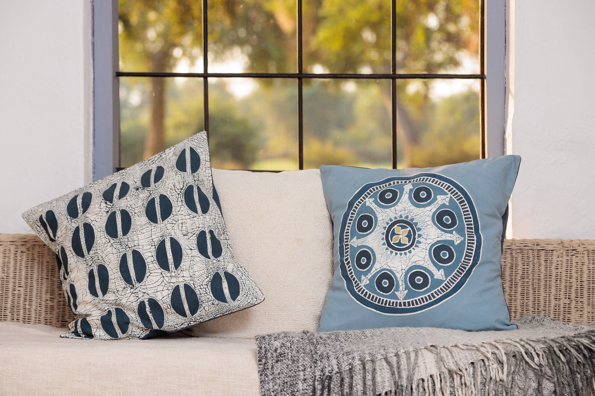 Blue hand batik cushion covers in blue and indigo sustainable