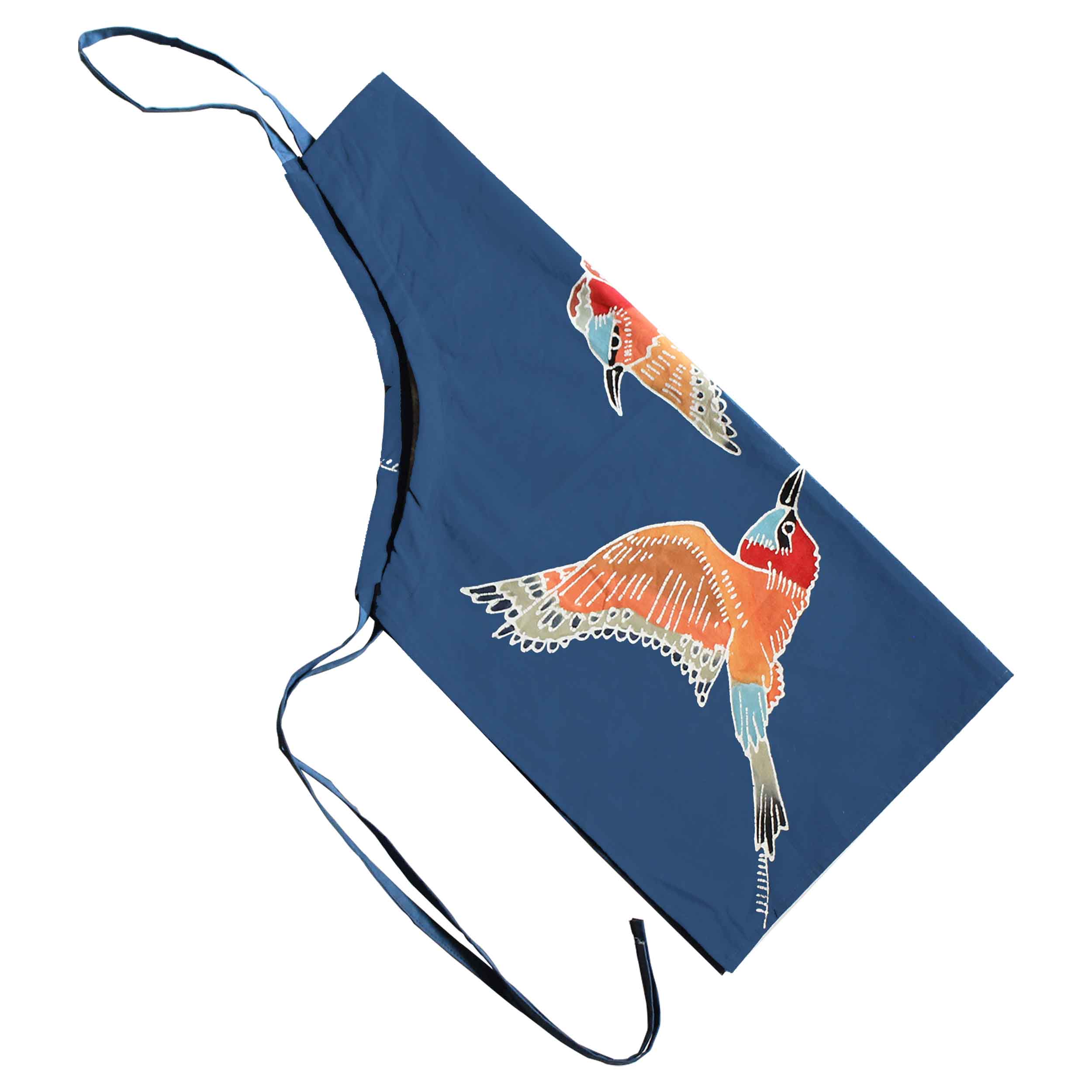 Ethically made bird apron in a beautiful blue, hand-painted to create long lasting sustainable products!
