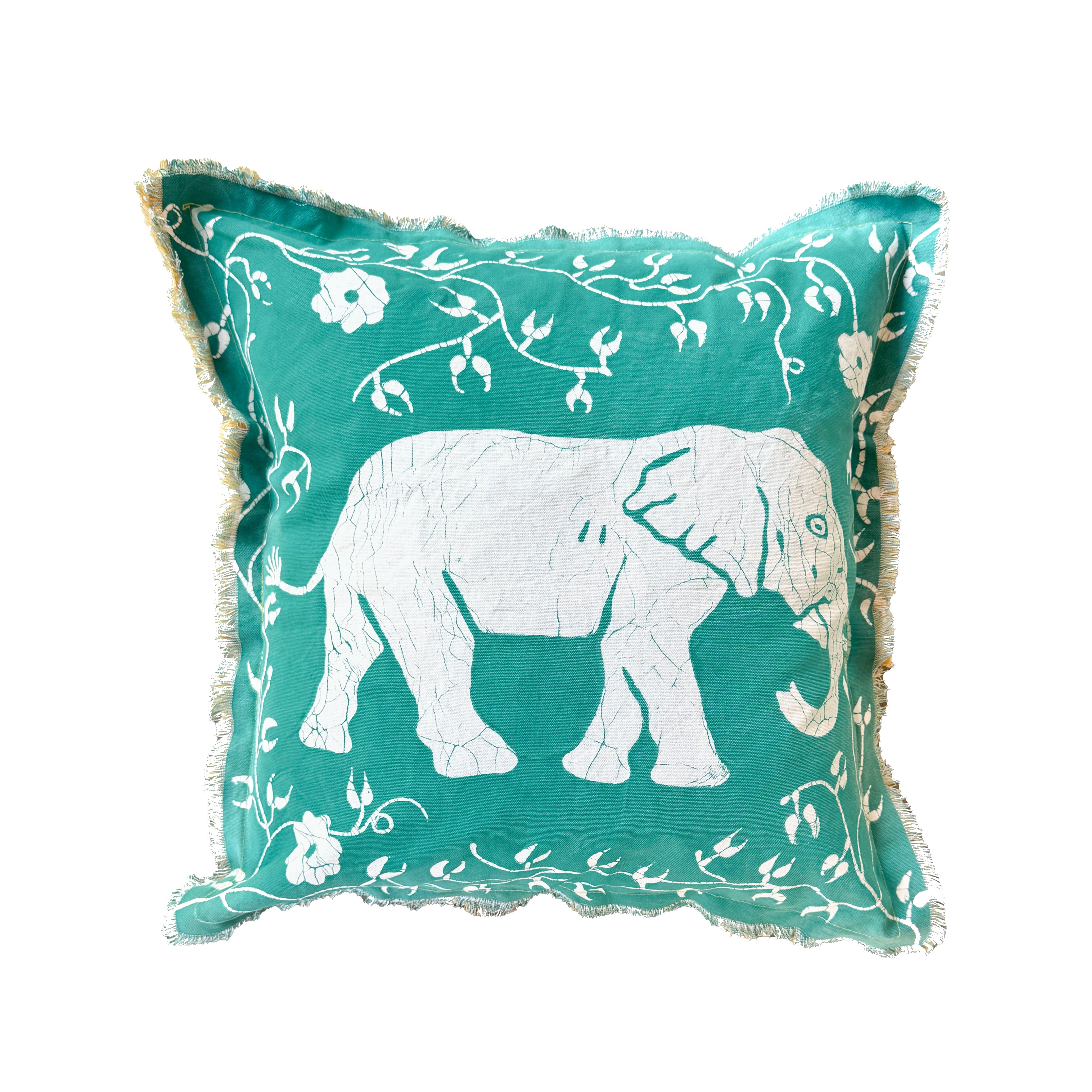 elephant cushion cover in green with fringe edges