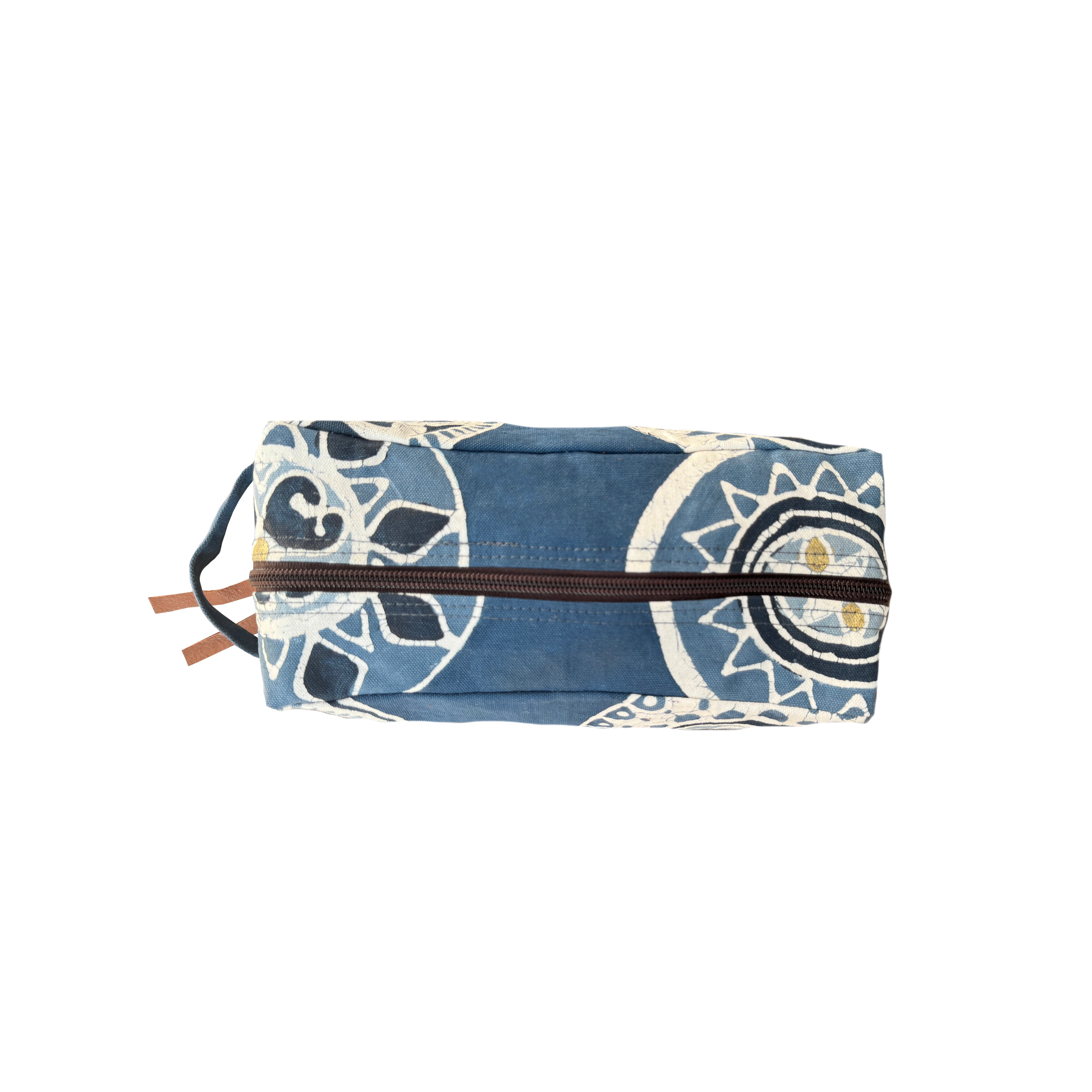 intricate indigo blue patterned travel cosmetics bag