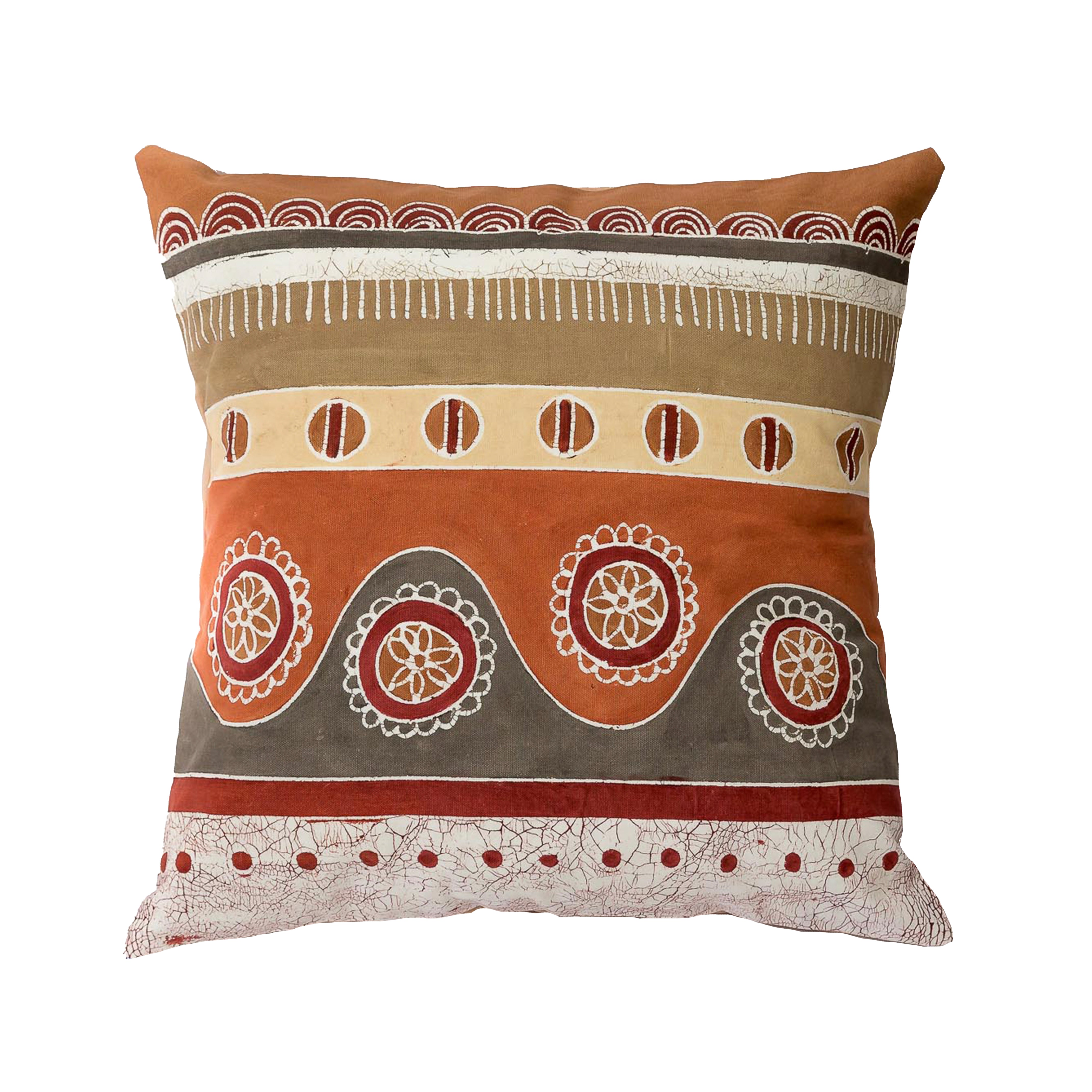 African hand-made cushion cover adorned with red and oranges and African inspired patterns.