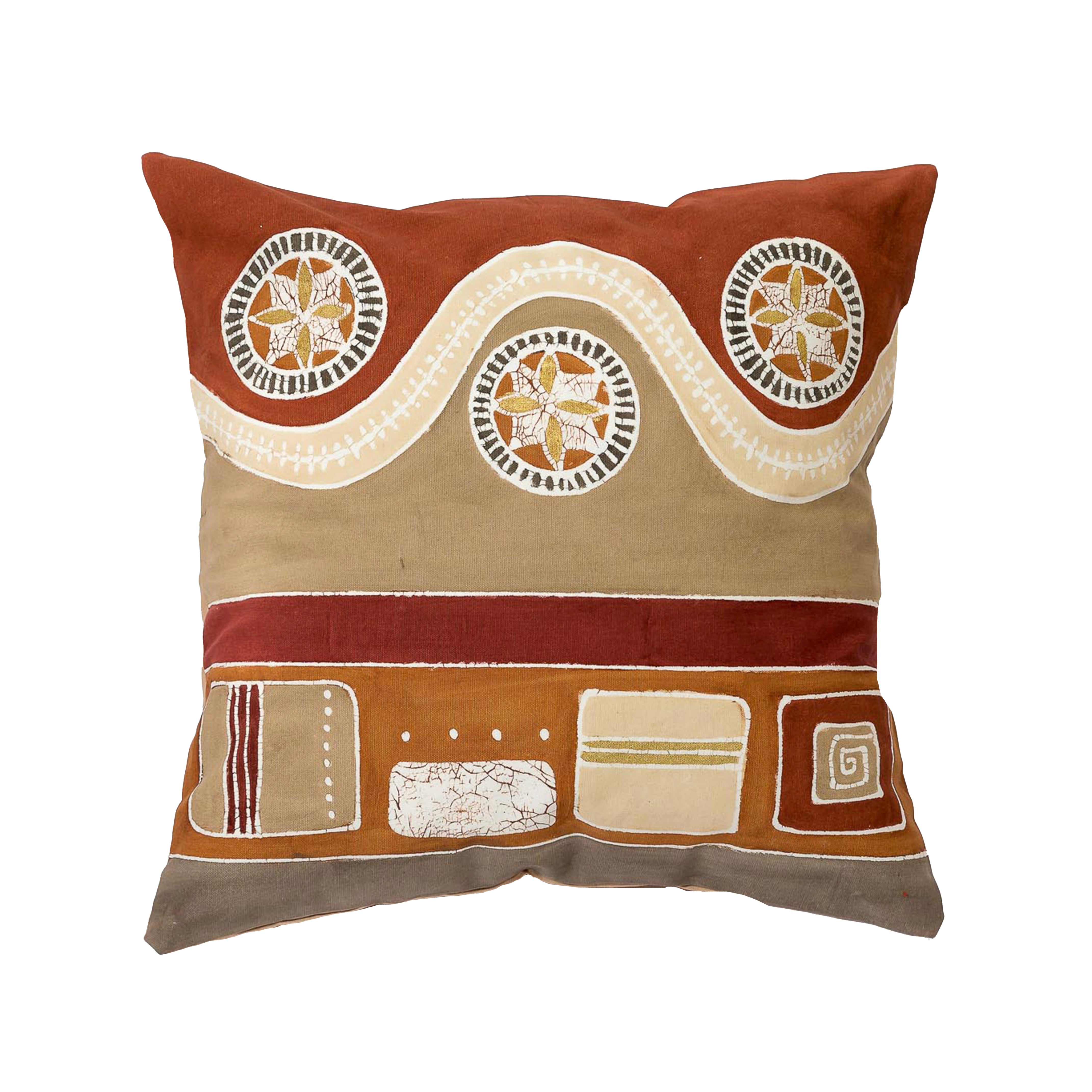 Warm Mali-inspired tribal pattern pillow cover in reds, handcrafted.
