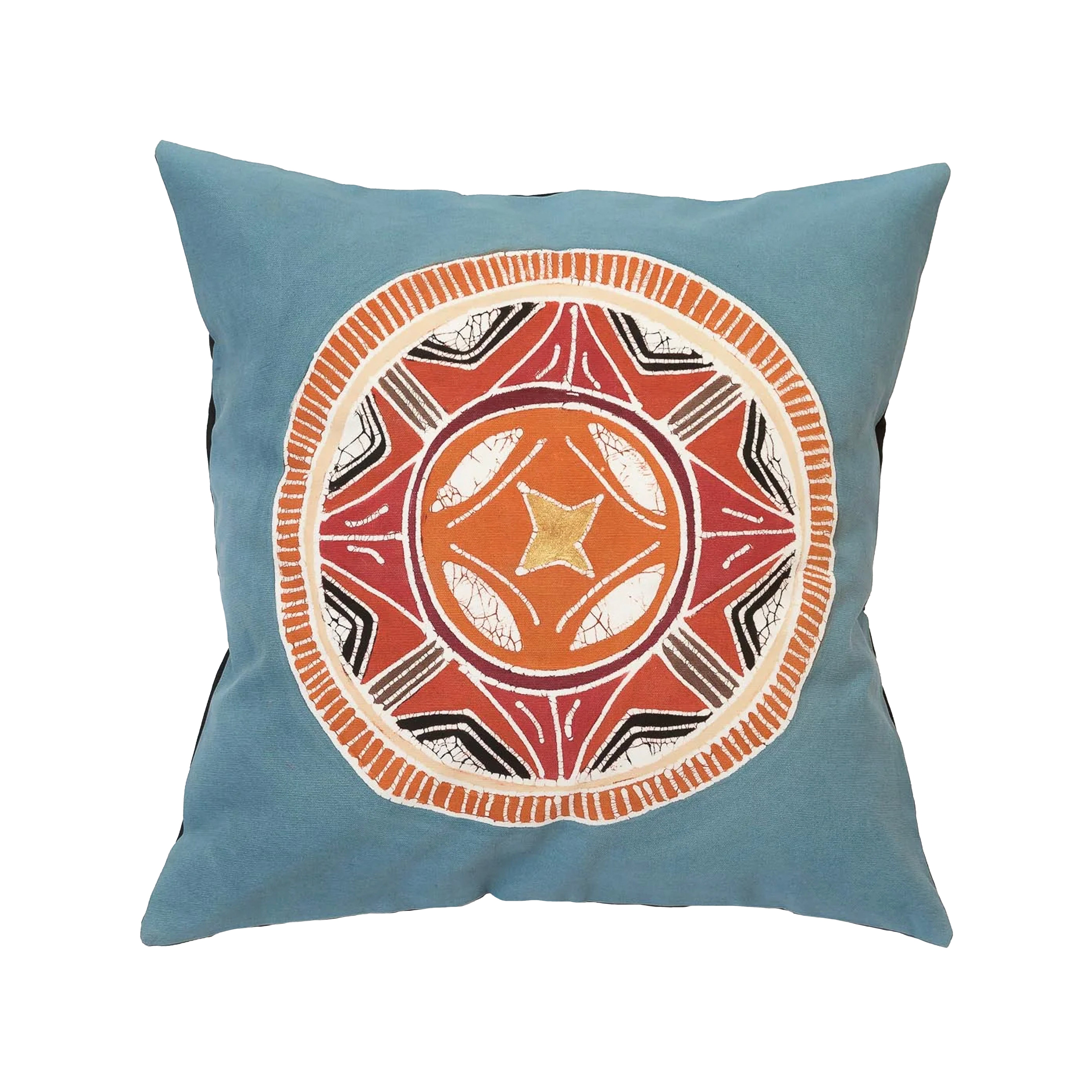 Blue and orange African repeat circular print sustainable pillow cover.