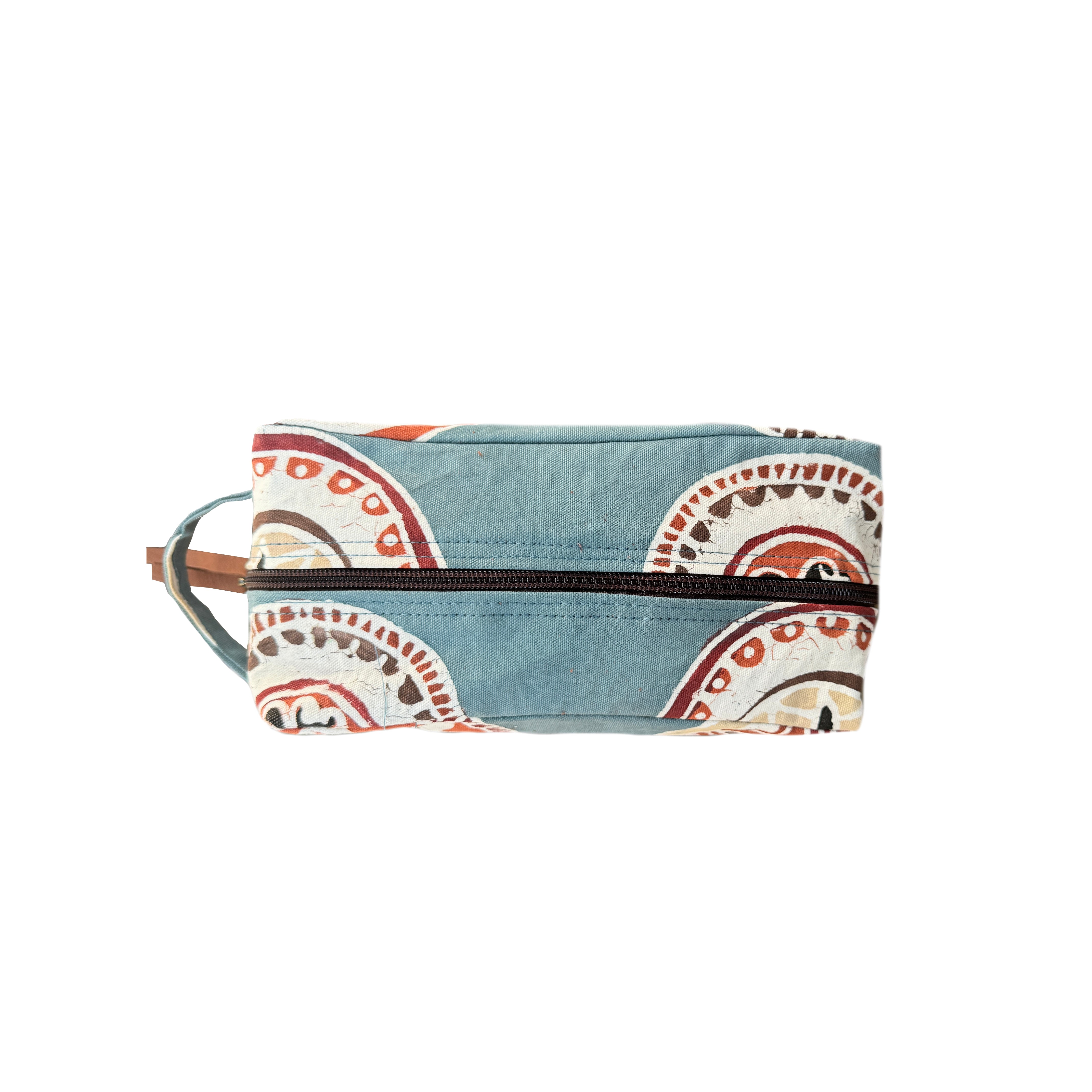 Tribal patterned travel wash bag in blue and warm oranges