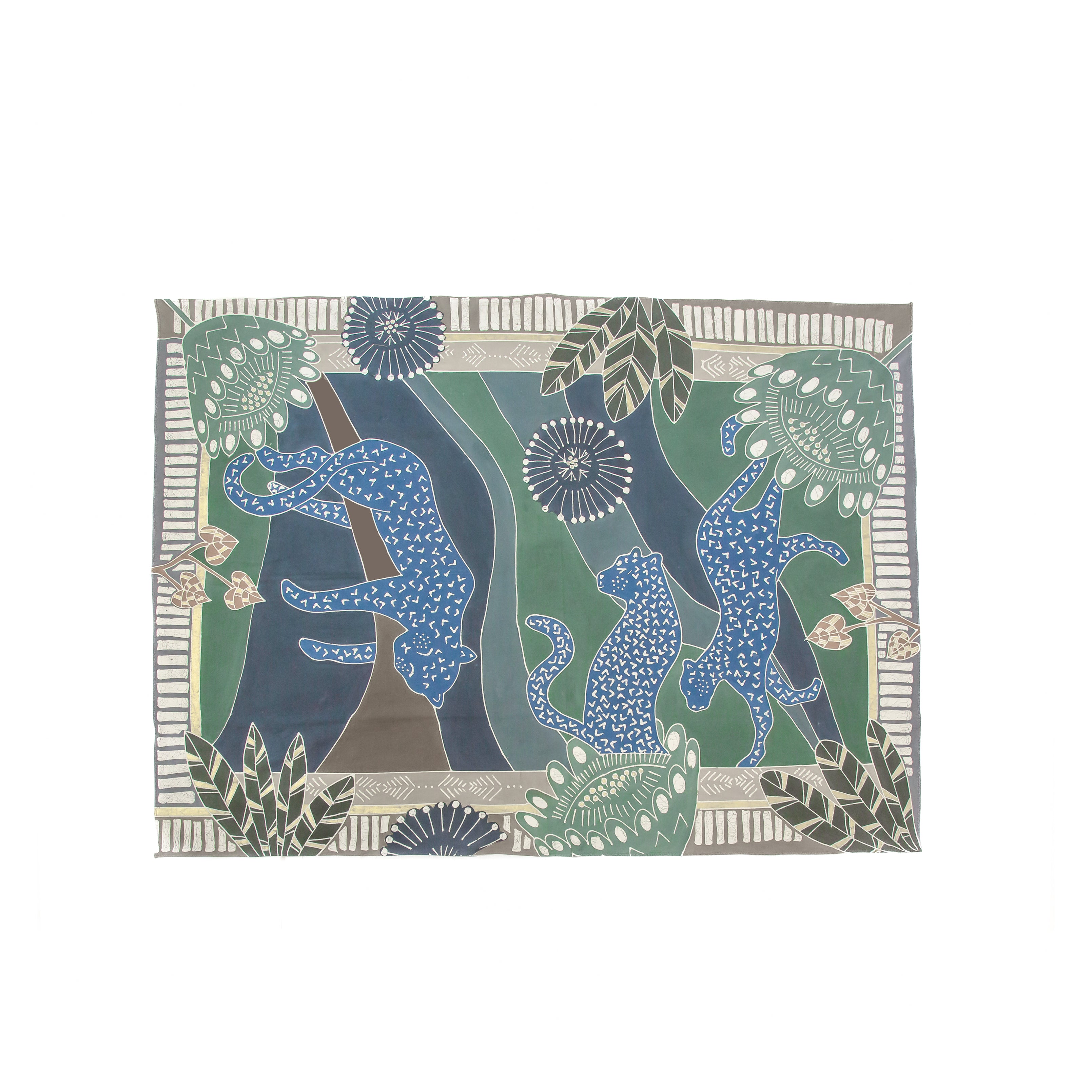 Leopard tablecloth design in greens and blues