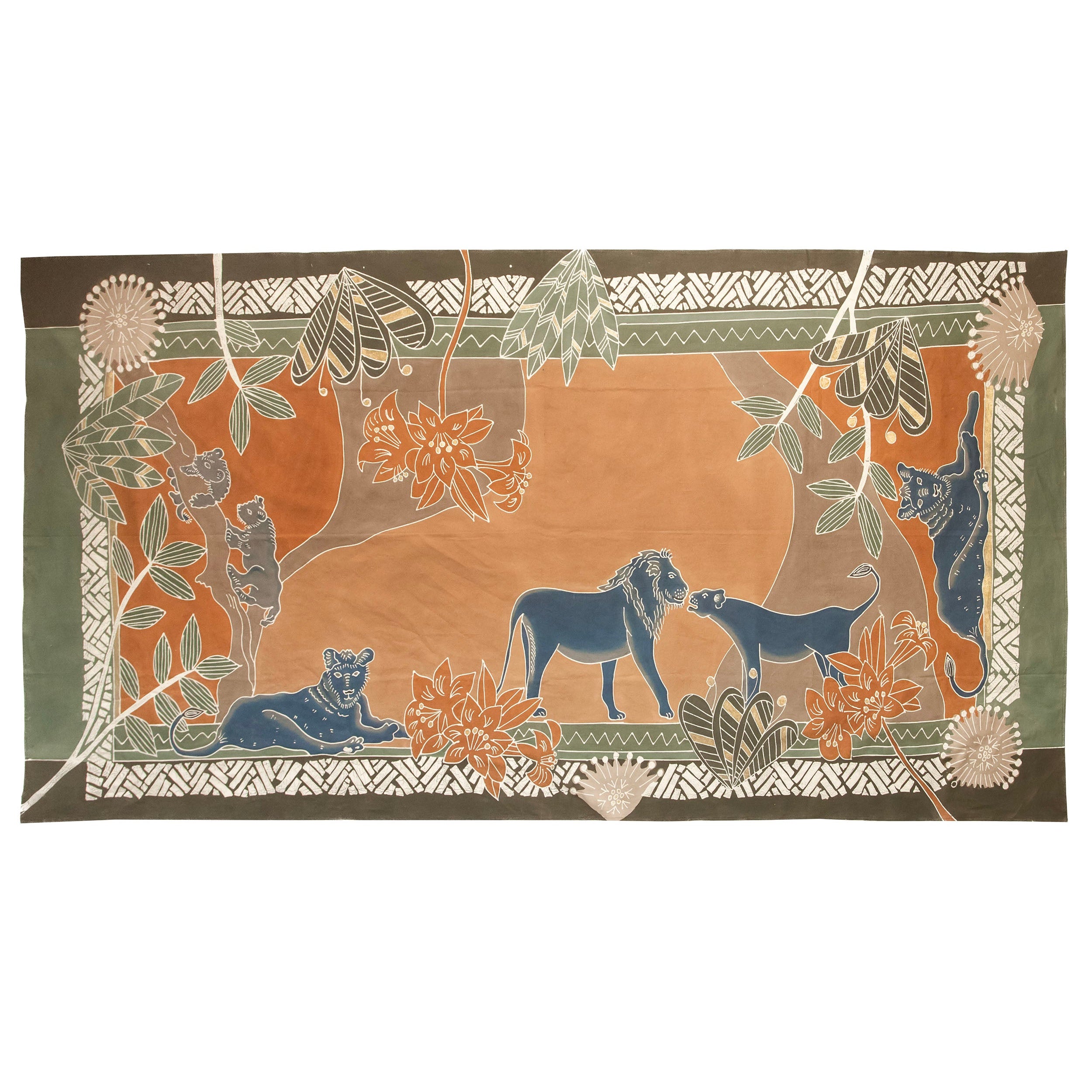 Decorative wall art with lion animals and floral patterns in earth colours