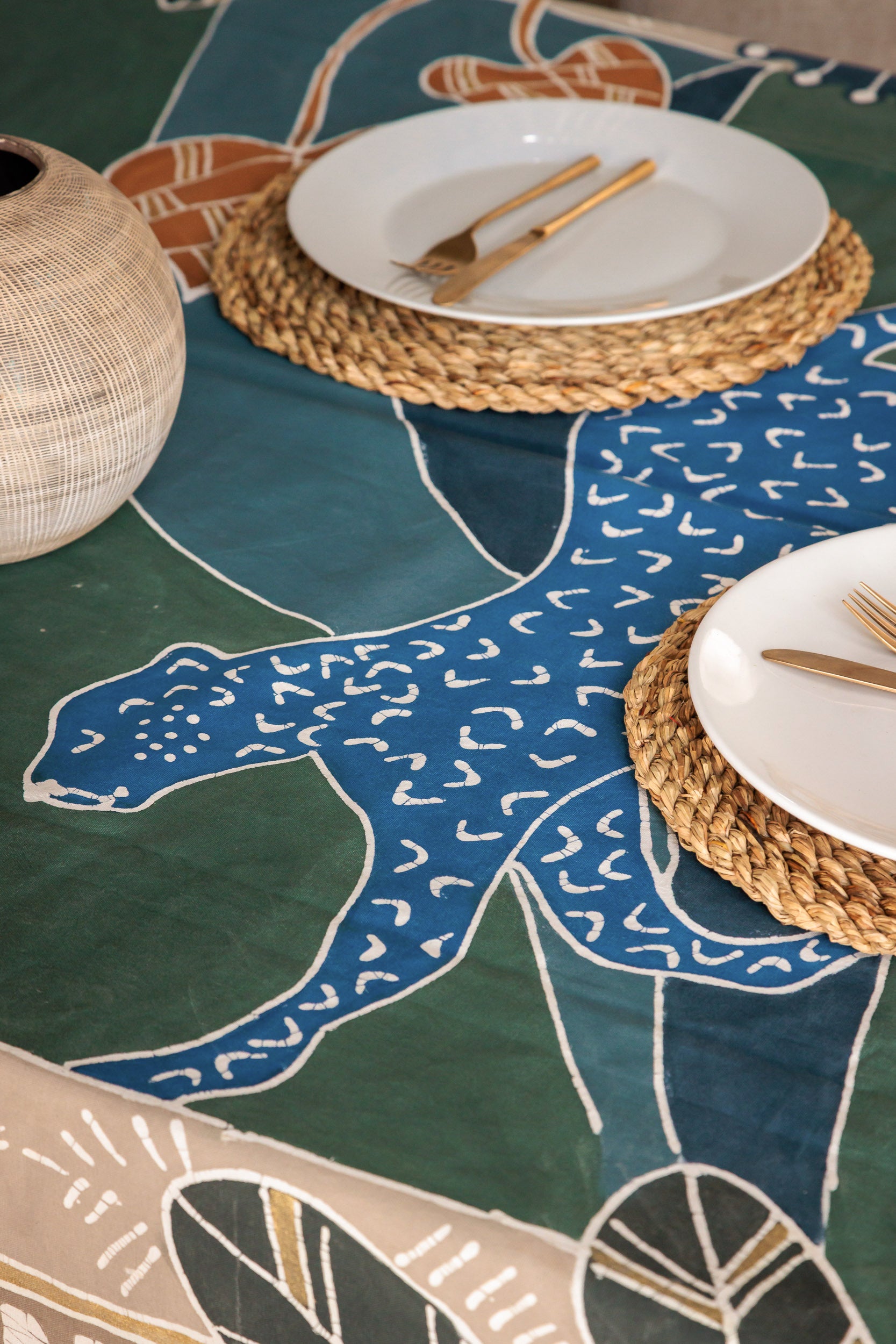 Leopard table cloth design handpainted batik, textiles in support of carnivore animal conservation