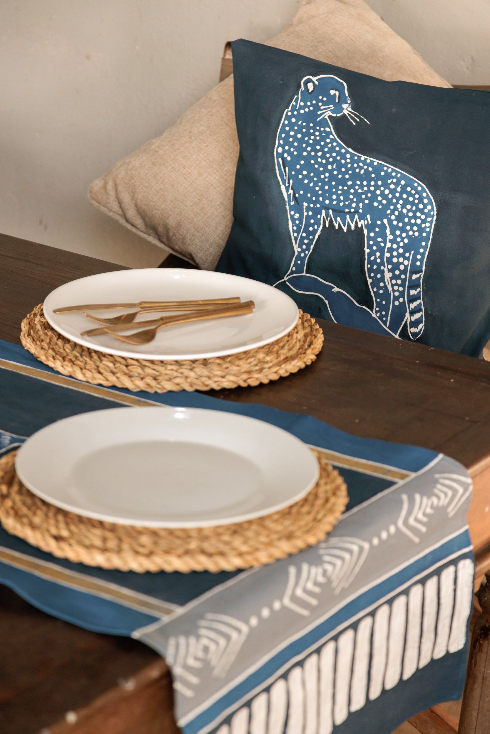 Cheetah Small cushion design in blue, eco textiles from africa