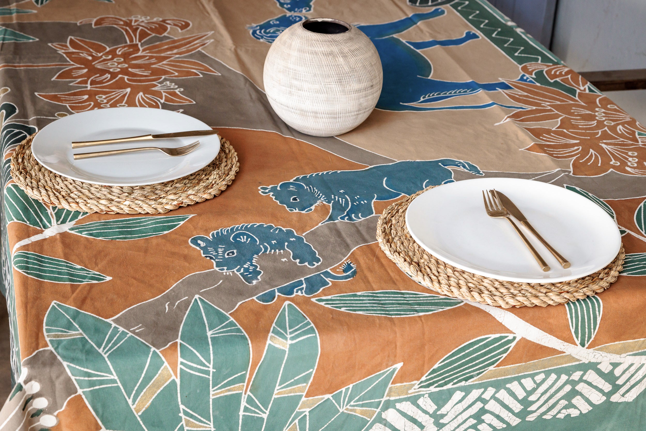 Decorative tablecloth with lion cubs, lion pride, hand painted batik with plant patterns.
