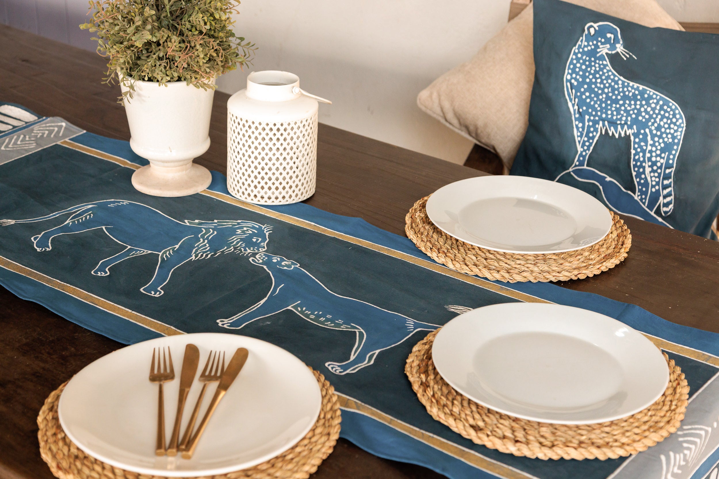 Lion and Lioness table runner in blue, hand painted batik made in Africa