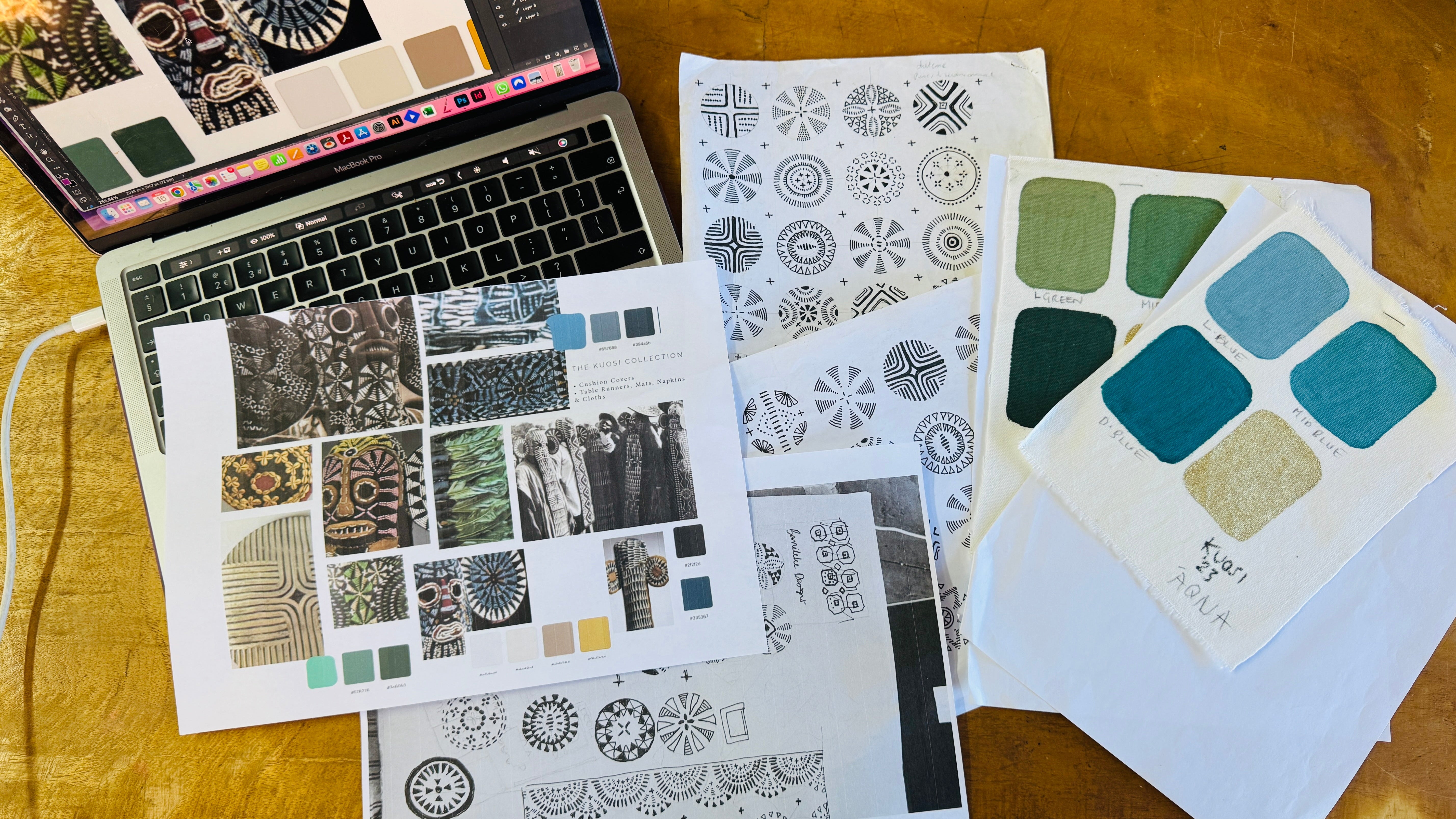 Mood board featuring earthy color swatches, botanical sketches, and textile samples, capturing the inspiration behind the Kuosi collection—ethically handcrafted in Zambia for sustainable, eco-friendly home decor rooted in African artisan design.