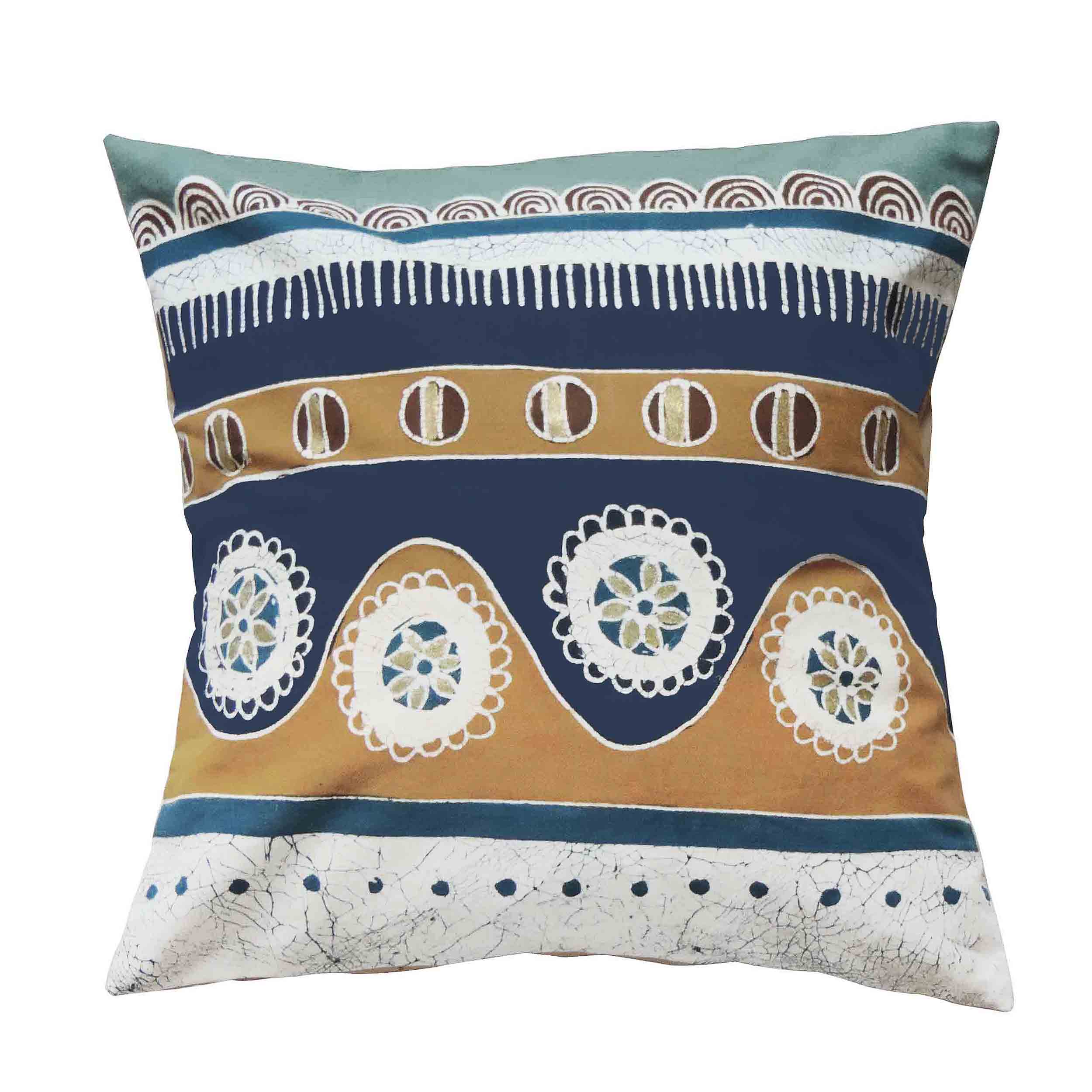 Blue and earthy colored pillow cover, eco-friendly and handcrafted.