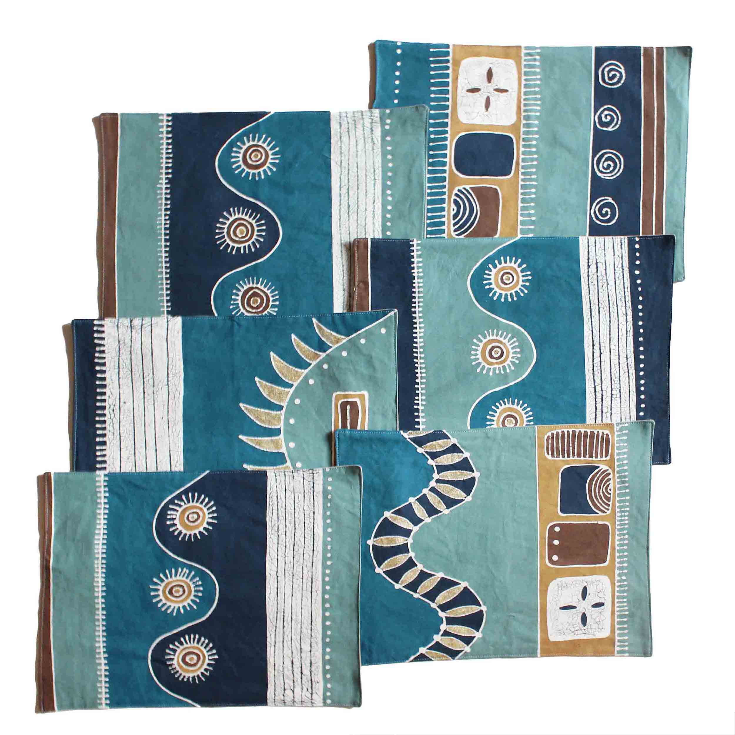 Blue and brown table mats set of 6, 100% organic cotton.