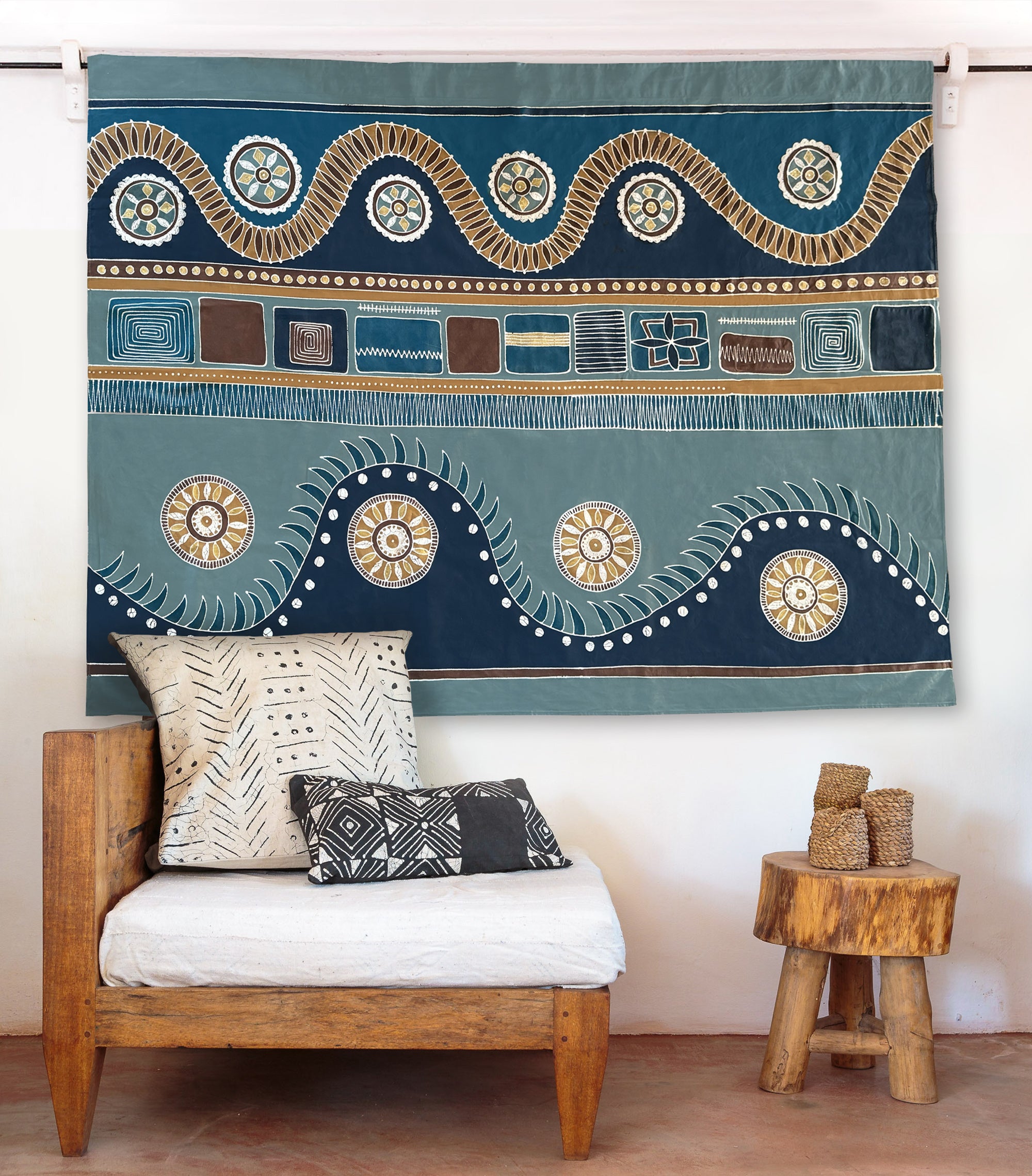 african tapestry in blue indigo colours