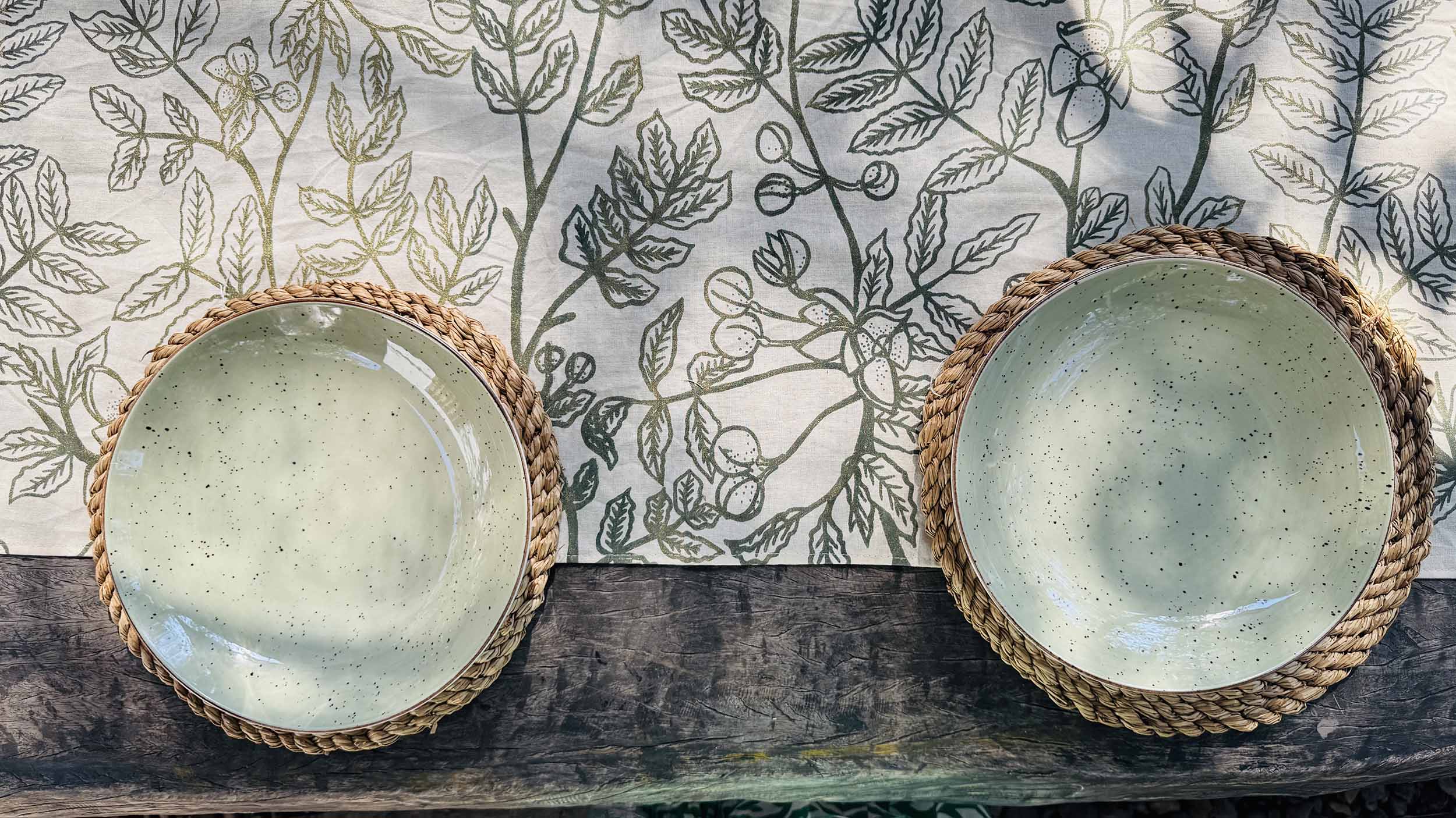 Natural cotton table runner with leaf print, ethically handmade in Zambia for sustainable, fair trade interiors and artisan home decor.