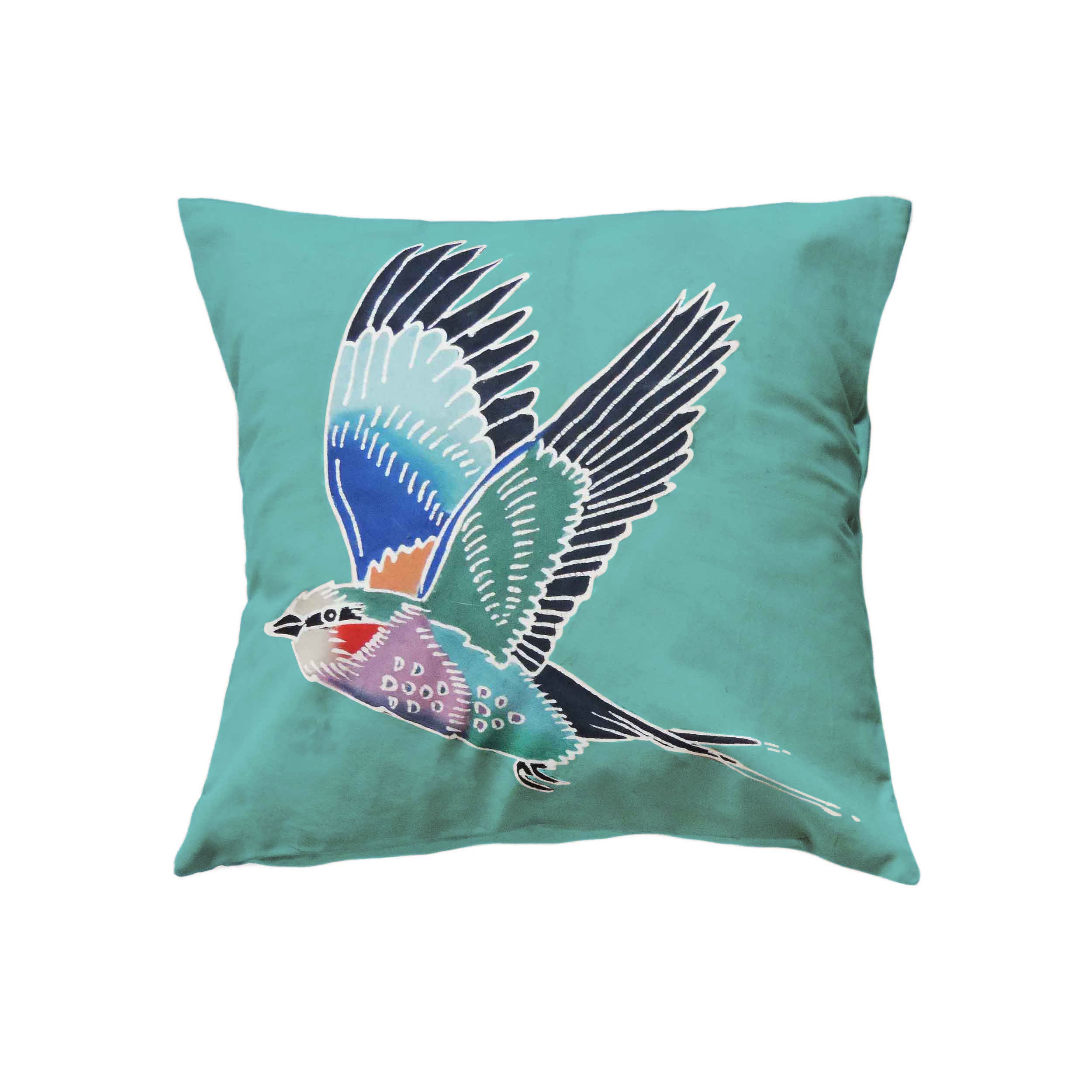 A TEAL BIRD BATIK CUSHION COVER