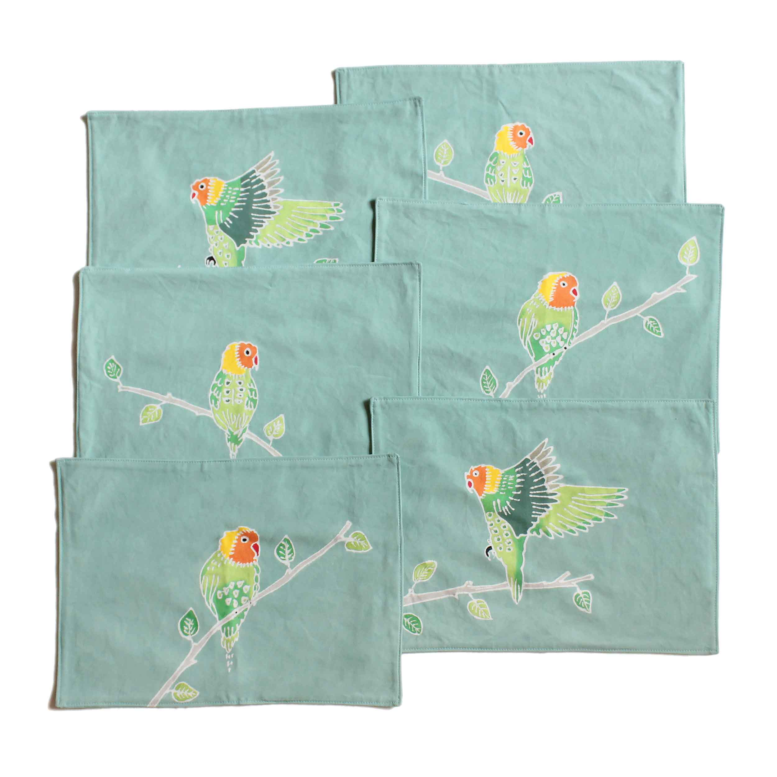 Looking to enhance your summer table, then find our perfect pale green table mats adorned with colourful lovebirds.