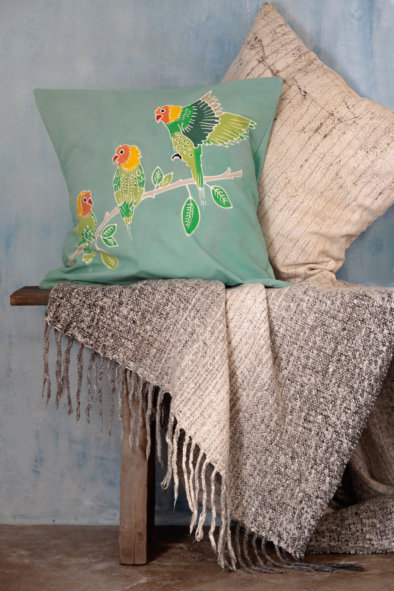 The ideal cushion cover for environmentally friendly bird watchers, in our pale light green lovebirds.