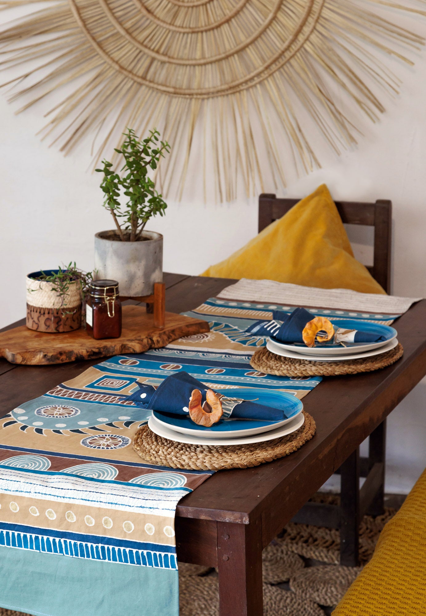 Blue table runner, eco-friendly and handcrafted.