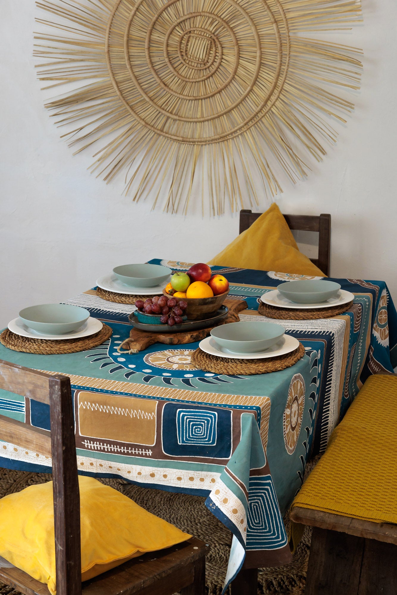 African-inspired blue tablecloth, 100% organic cotton, perfect for home decor.