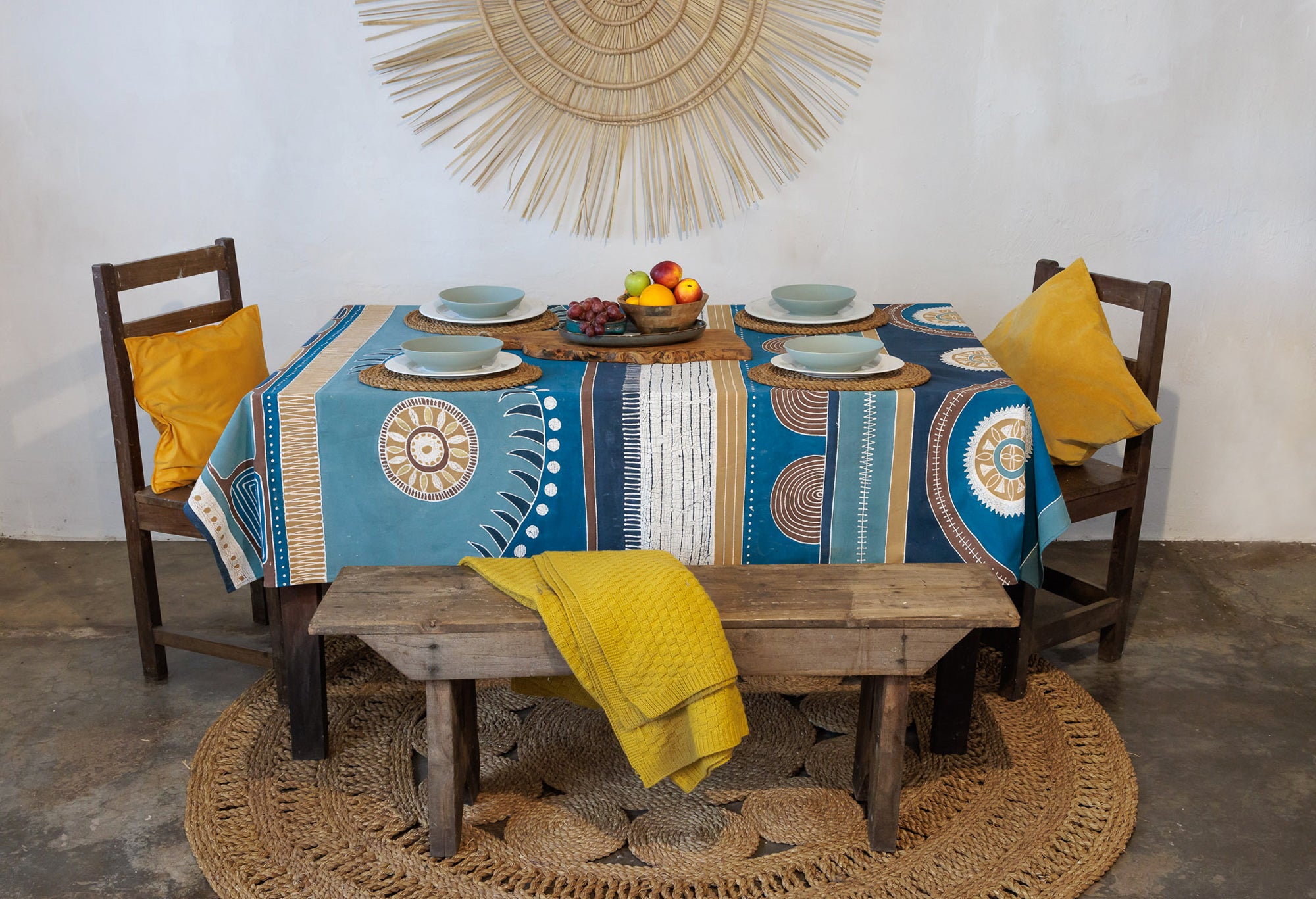 Blue tablecloth with African detailed print, sustainably made for interior decor.