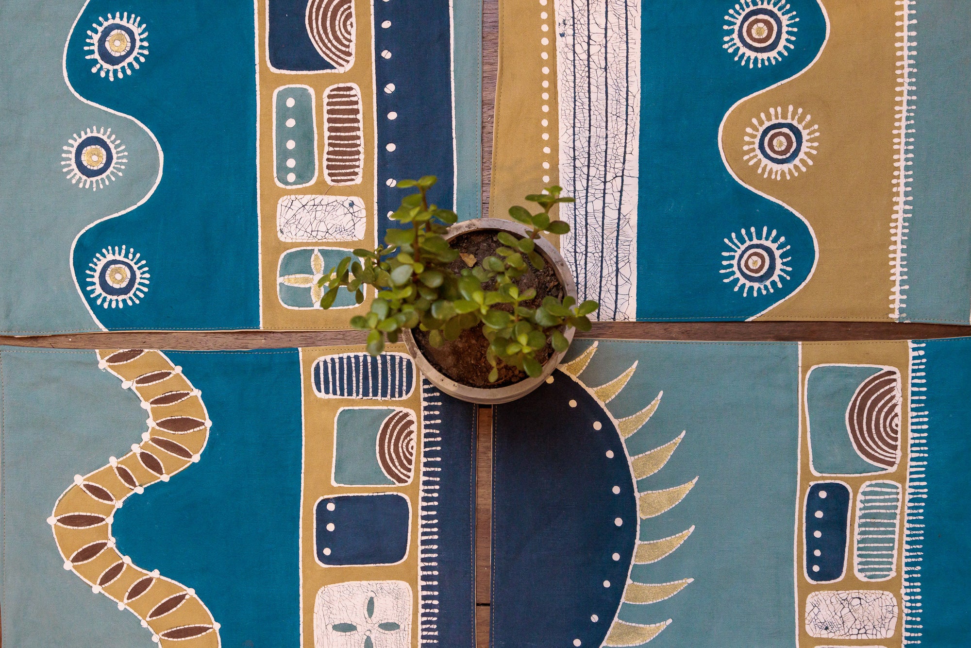 Blue and brown placemats set of 6, perfect for sustainable home decor.