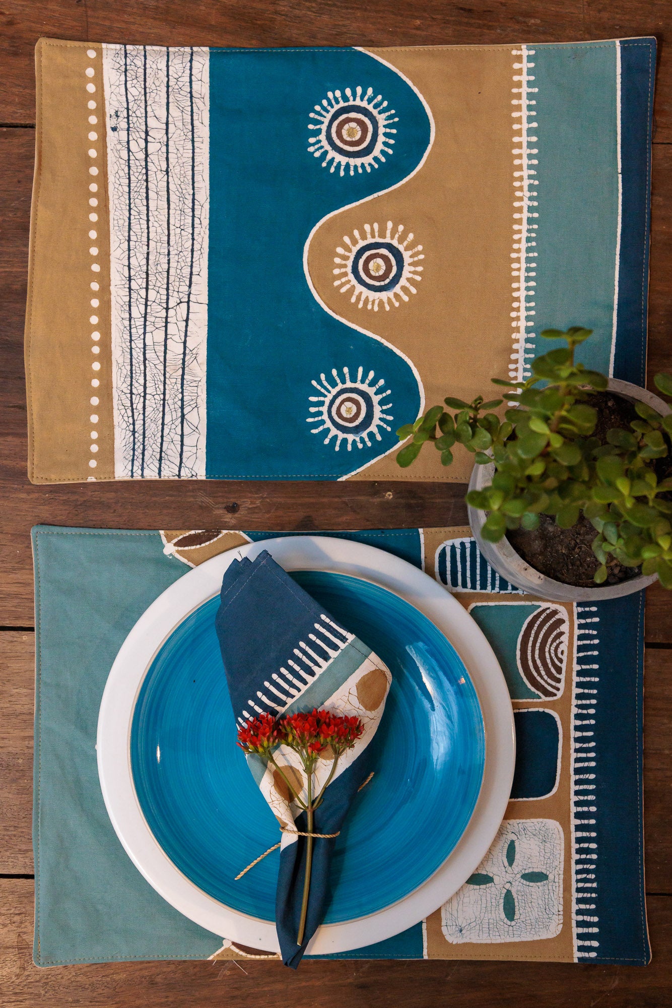 Blue and brown table mats set of 6, eco-friendly and handcrafted.