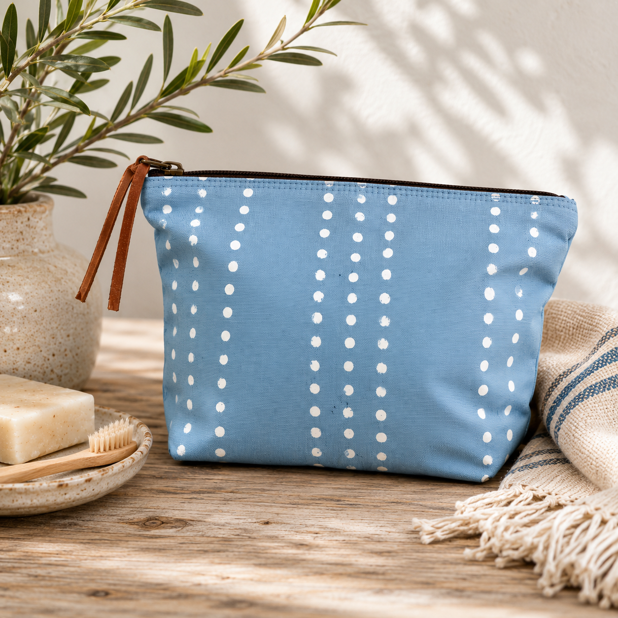 Tribal Cloth Indigo - Light Blue Dots Wash Bag