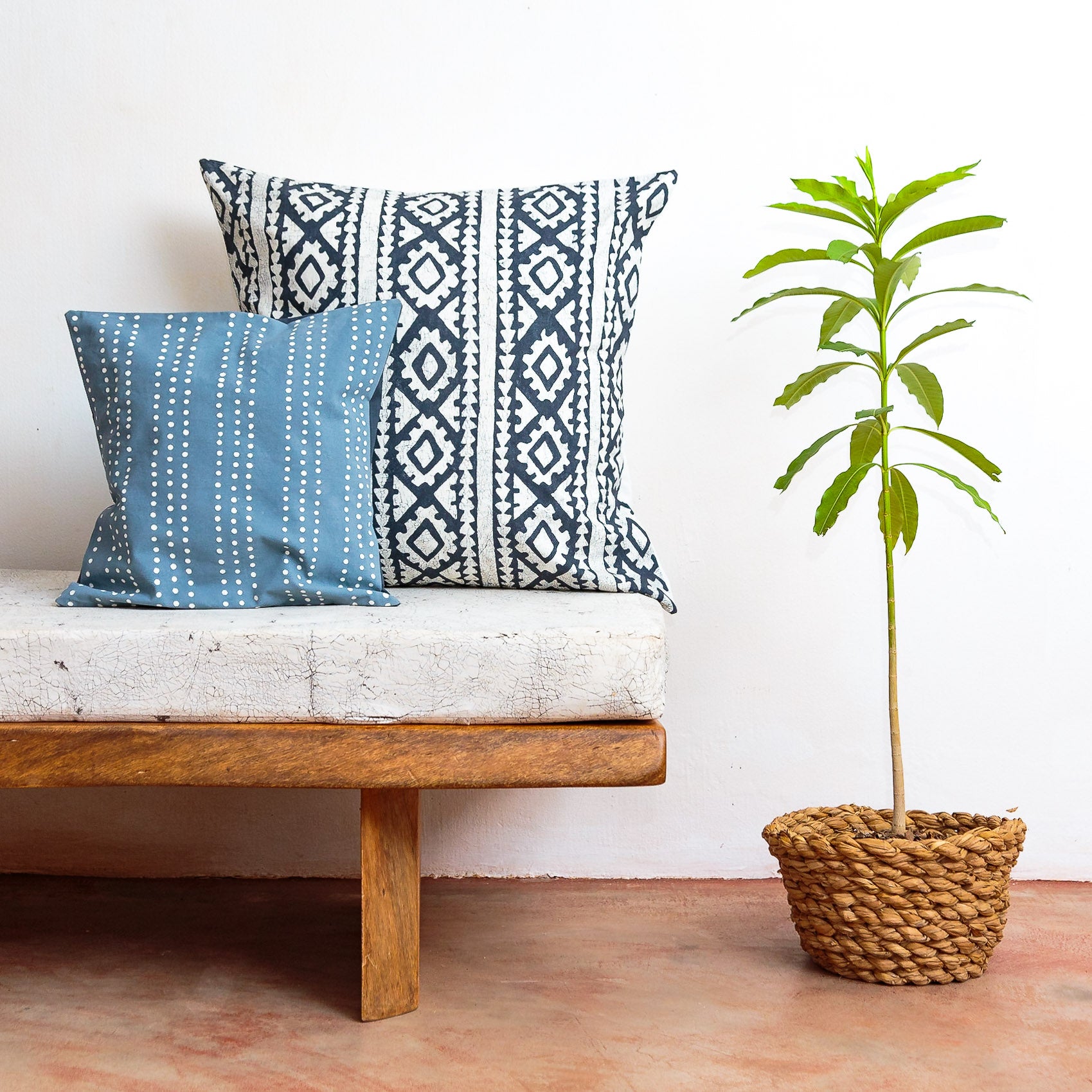 sustainable batik blue throw pillow covers