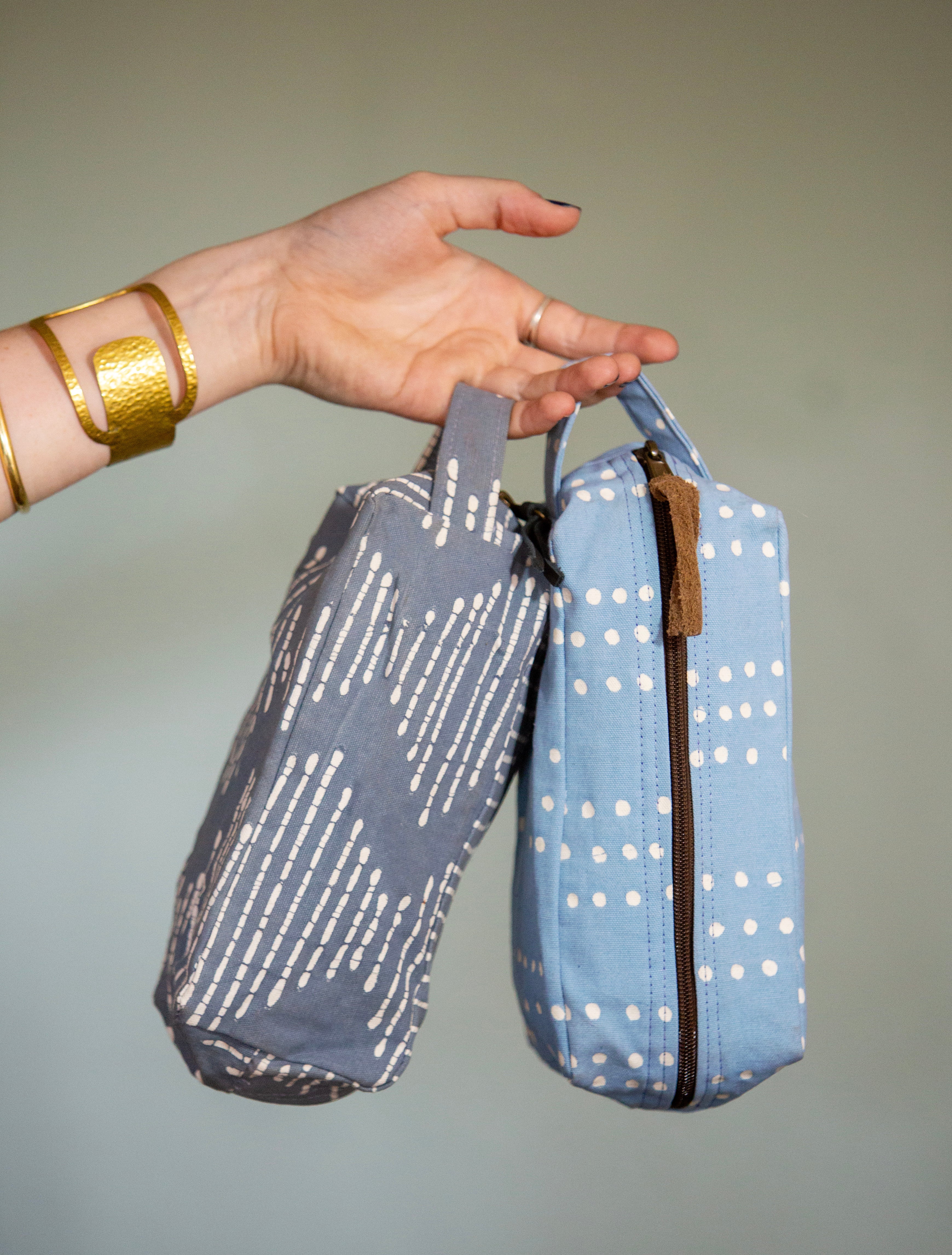 sustainable blue patterned eco travel wash bags
