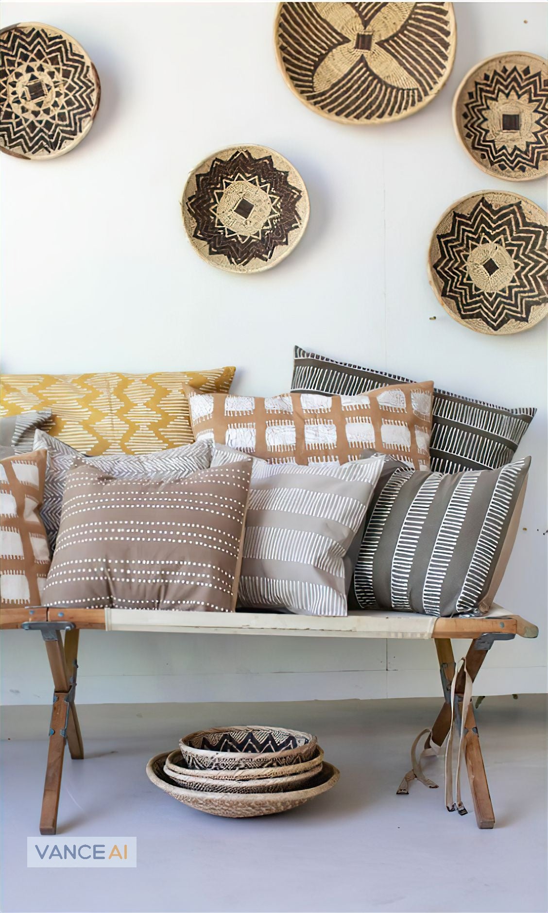Tribal Cloth Mushroom Lines Cushion Cover - Hand Painted to achieve sustainable style.