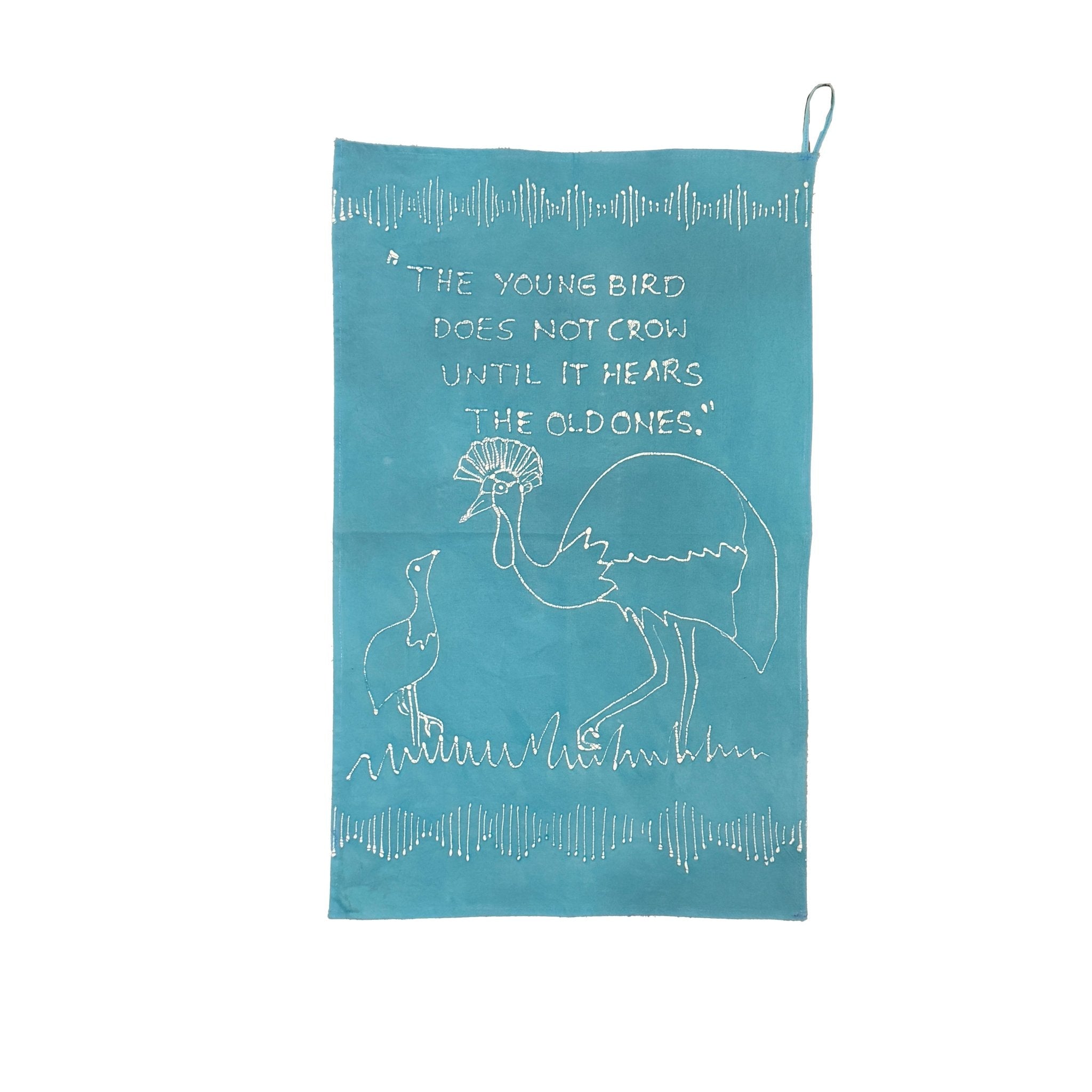 Ethically handcrafted vivid bright blue bird kitchen tea towel.