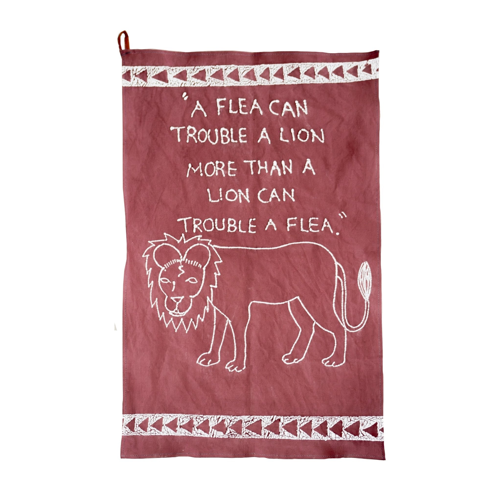 Lion kitchen tea towel for your home in dark red.