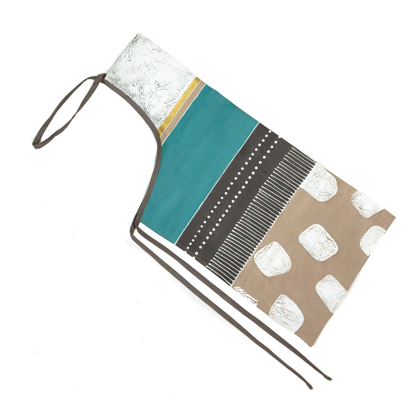The perfect bohemian chic apron, in greens and teals, hand painted in Africa with inspired patterns.