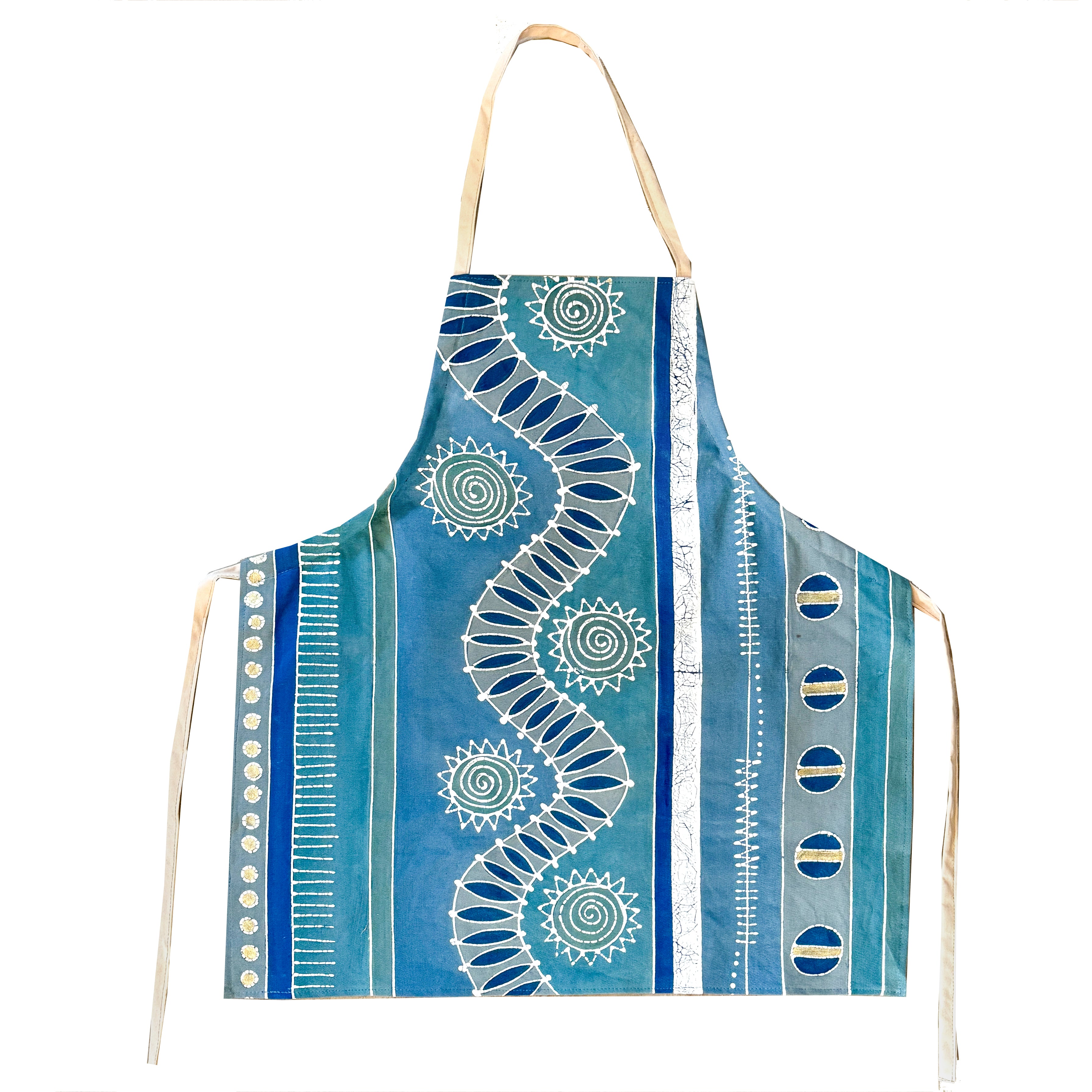 adjustable cotton apron in blues with gold accents