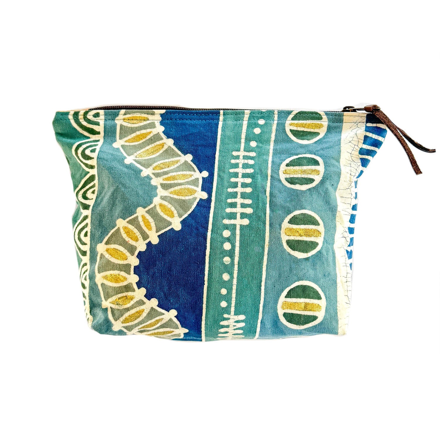a vibrant blue and gold wash bag, ethically made, perfect for travel