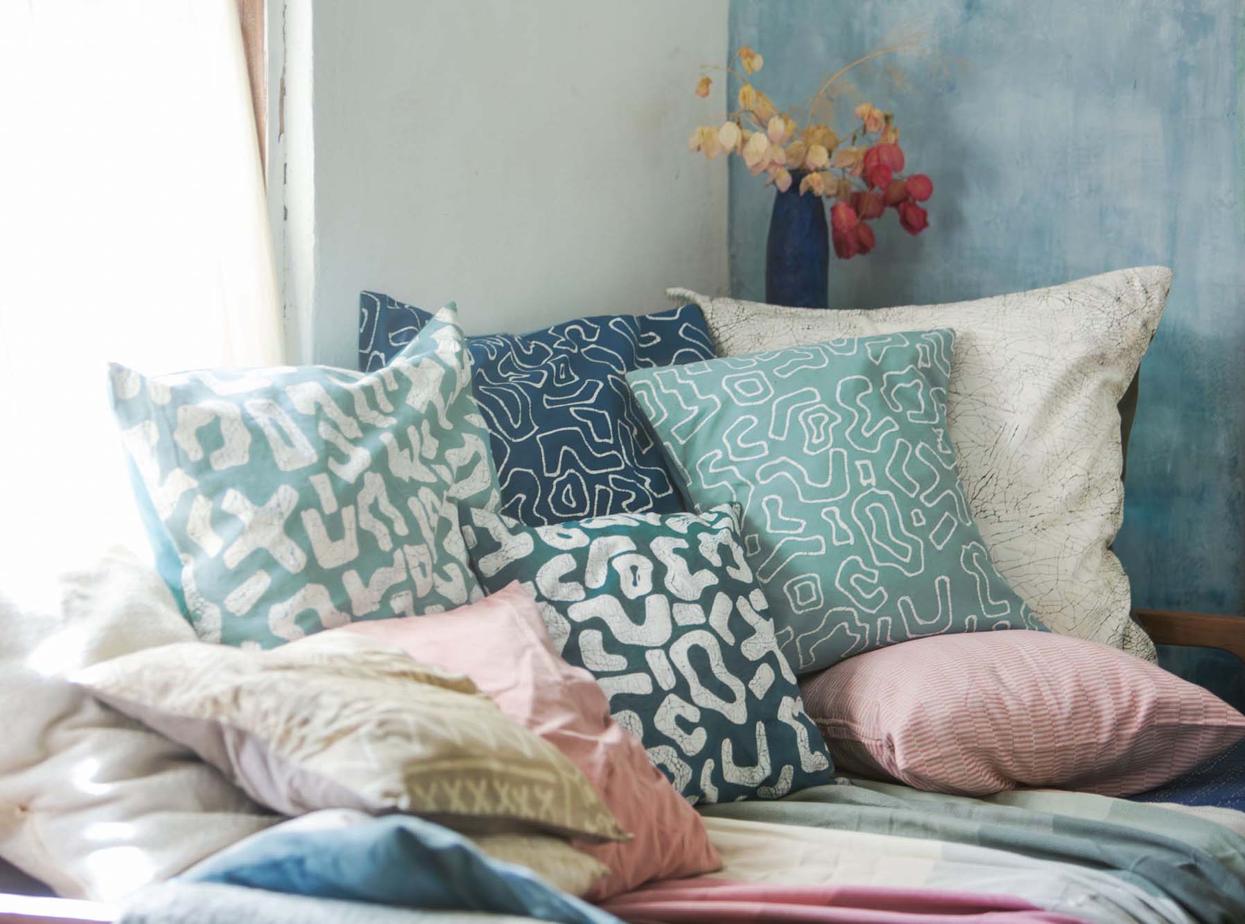 African made, light blue cushion covers, made in a certified ethical workshop following a zero waste policy.