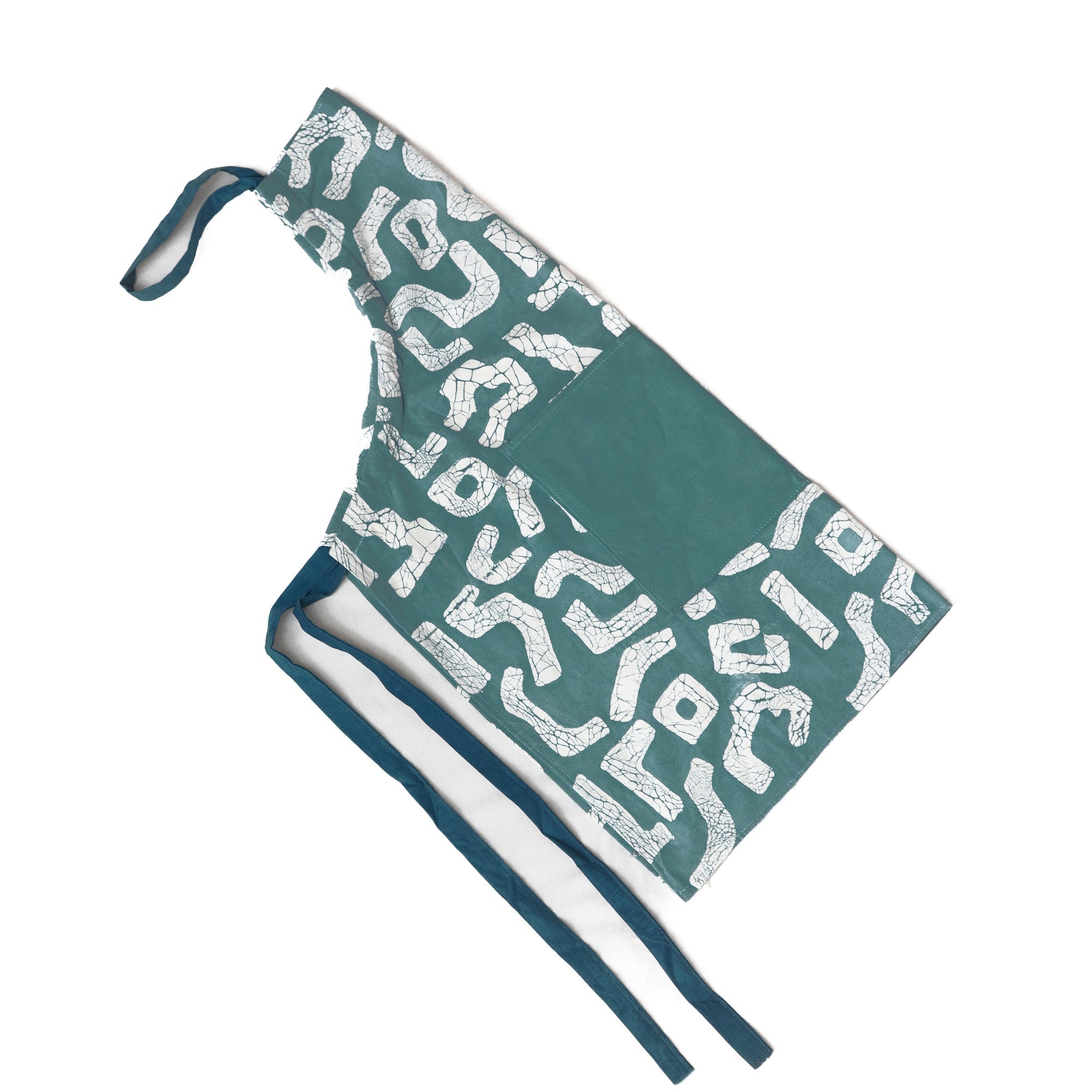 Hand-painted teal apron adorned with a squiggle pattern, made from 100% cotton to be sustainable and durable.