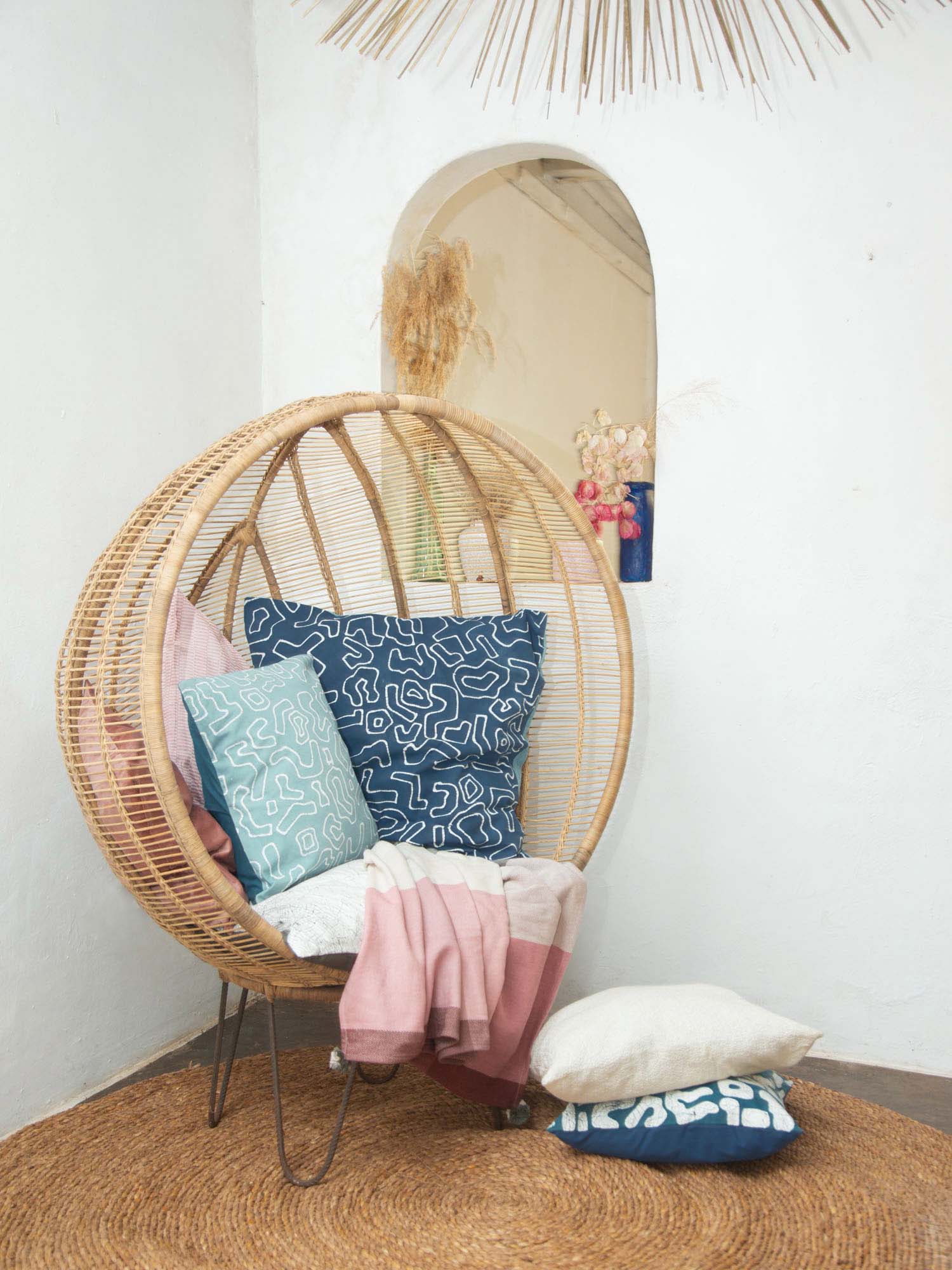 Kuba blues perfect indigo cushion cover adorned in a bohemian chic line pattern, to wow in sustainable style.