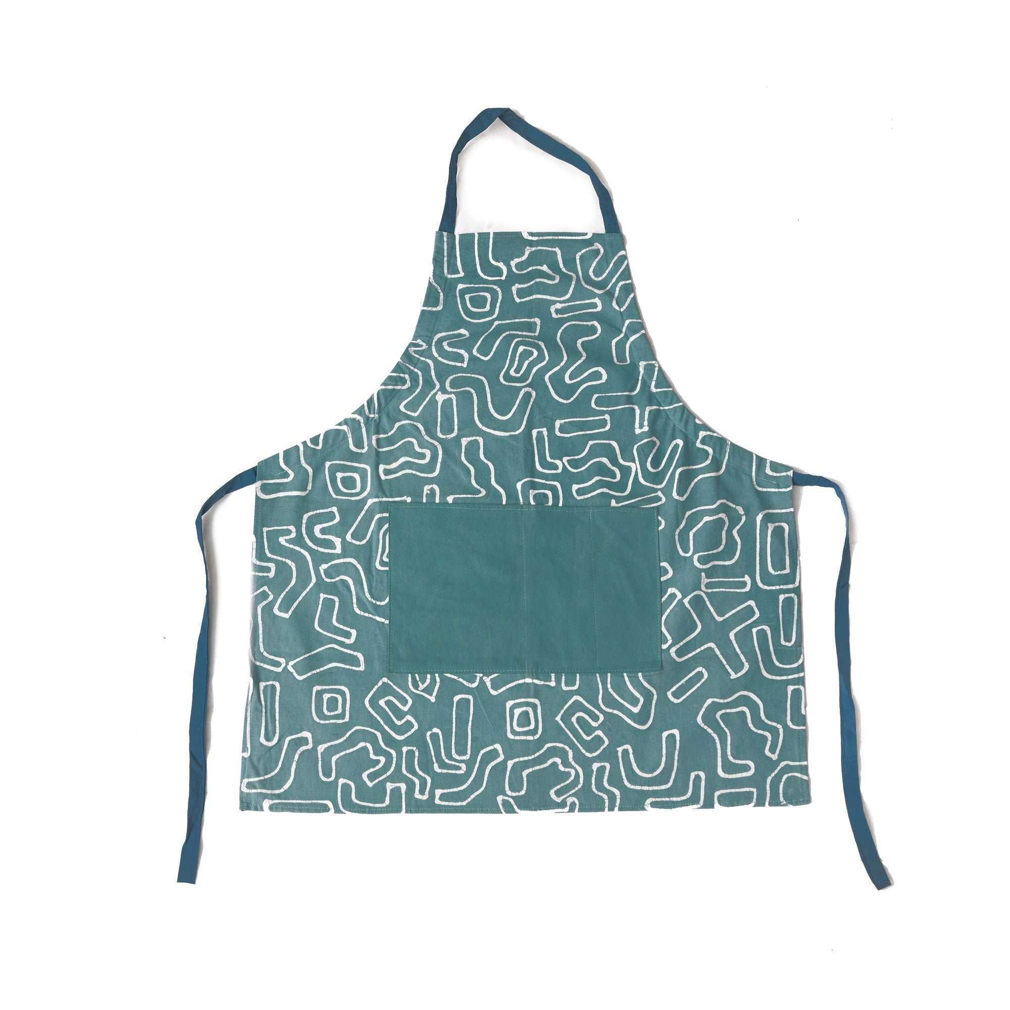 The perfect bohemian chic teal apron made in Africa using a traditional Batik technique.