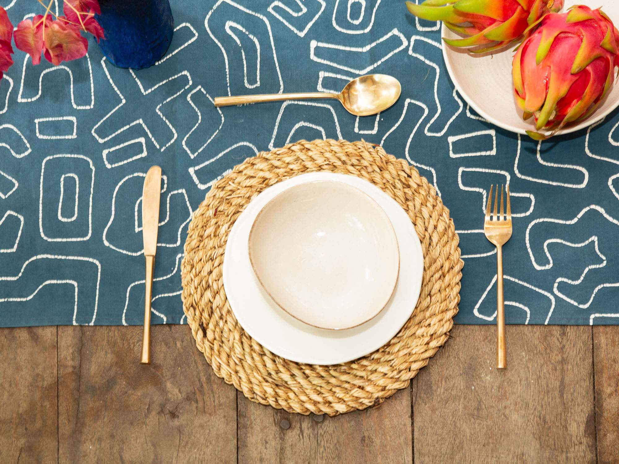 Beautiful teal table runner, made from sustainable fabric and destined to wow your dinner party.