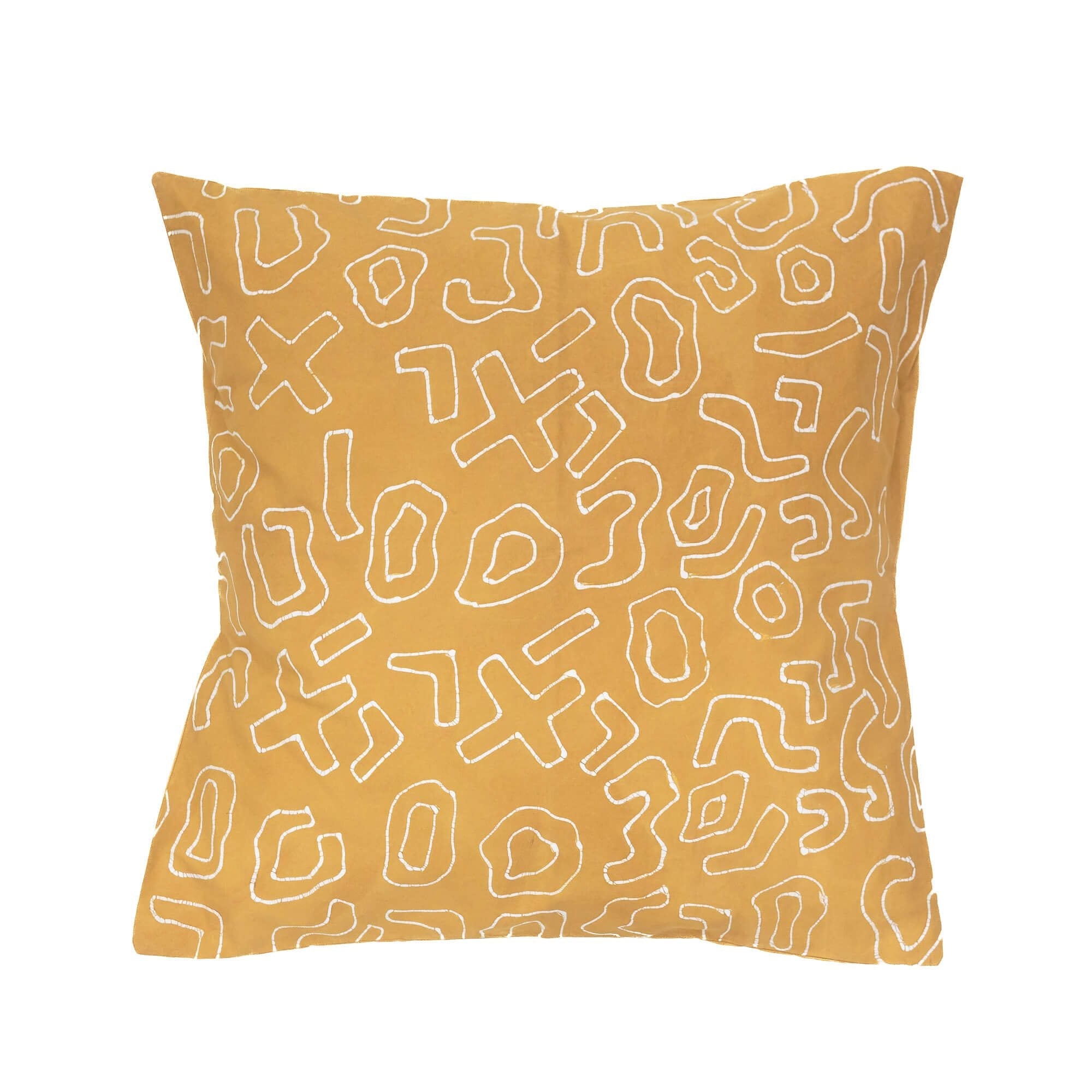 Handcrafted bright yellow accent pillow cover featuring a graphic batik pattern, adding energetic flair to your decor.