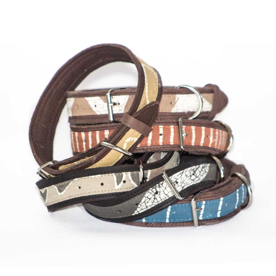 African made dog collar with bold zebra pattern print on leather.