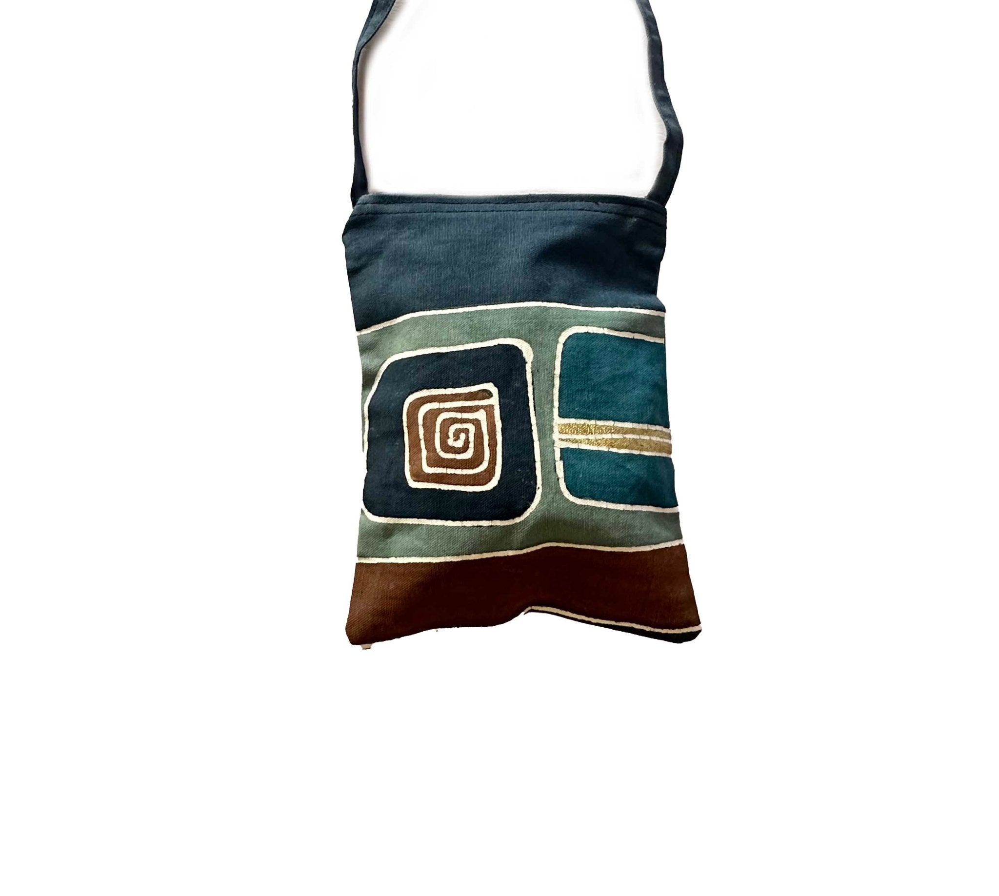 cross body bag made from cotton with blue hand made pattern decoration