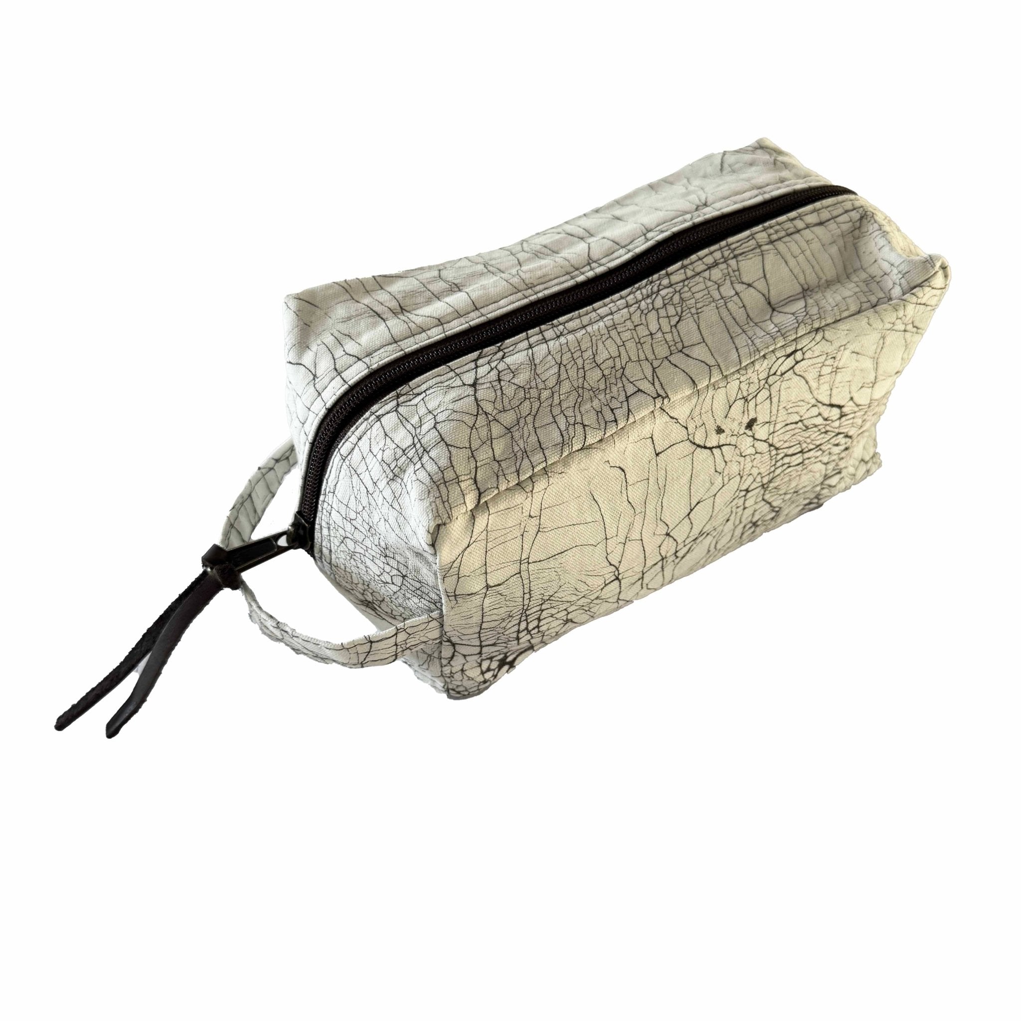 White batik zip up travel 100% cotton fabric cosmetics case.