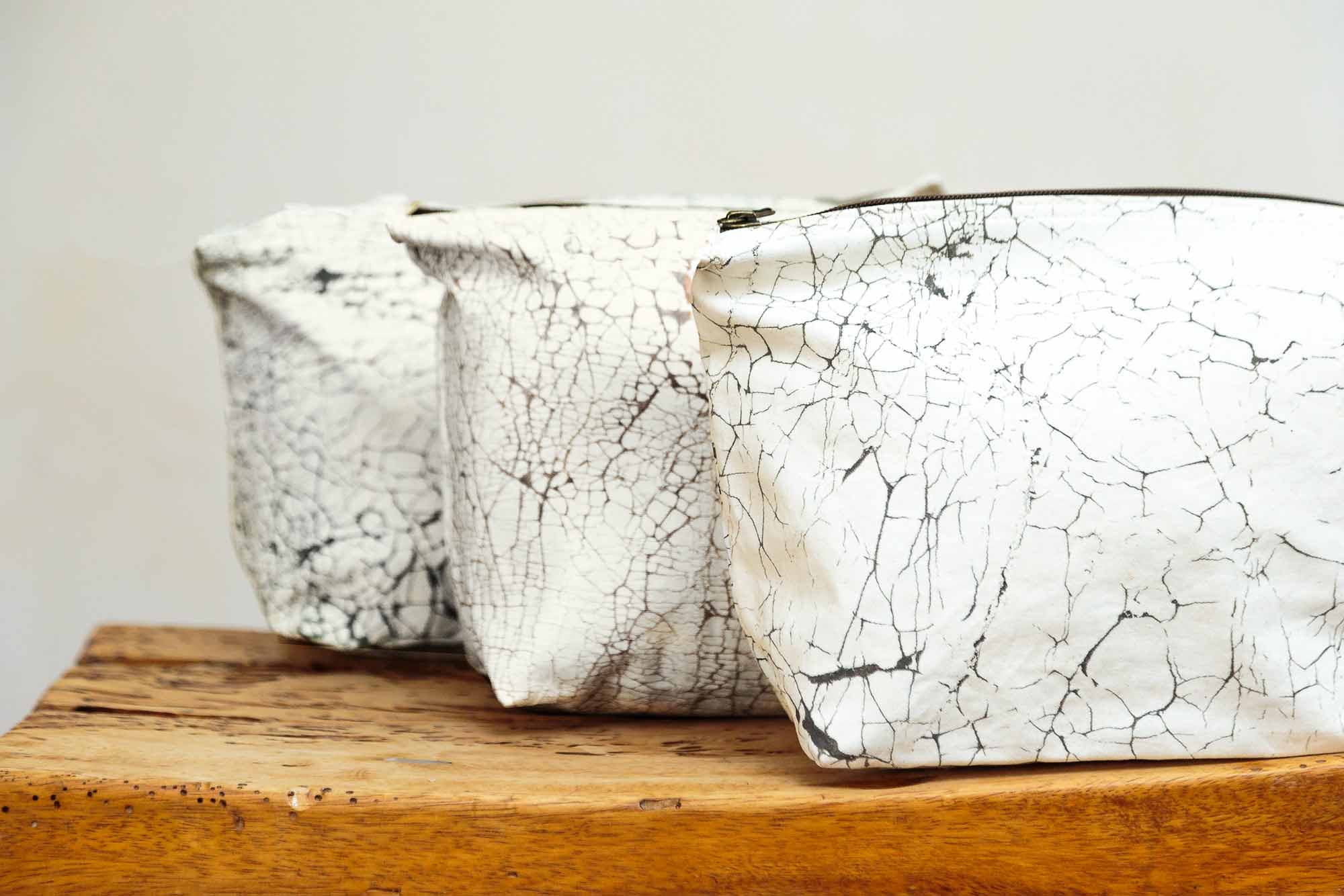 Mkupo Elephant Crackle Wash Bags - Hand-made wash bags to match sustainability and style with our white crackle print.